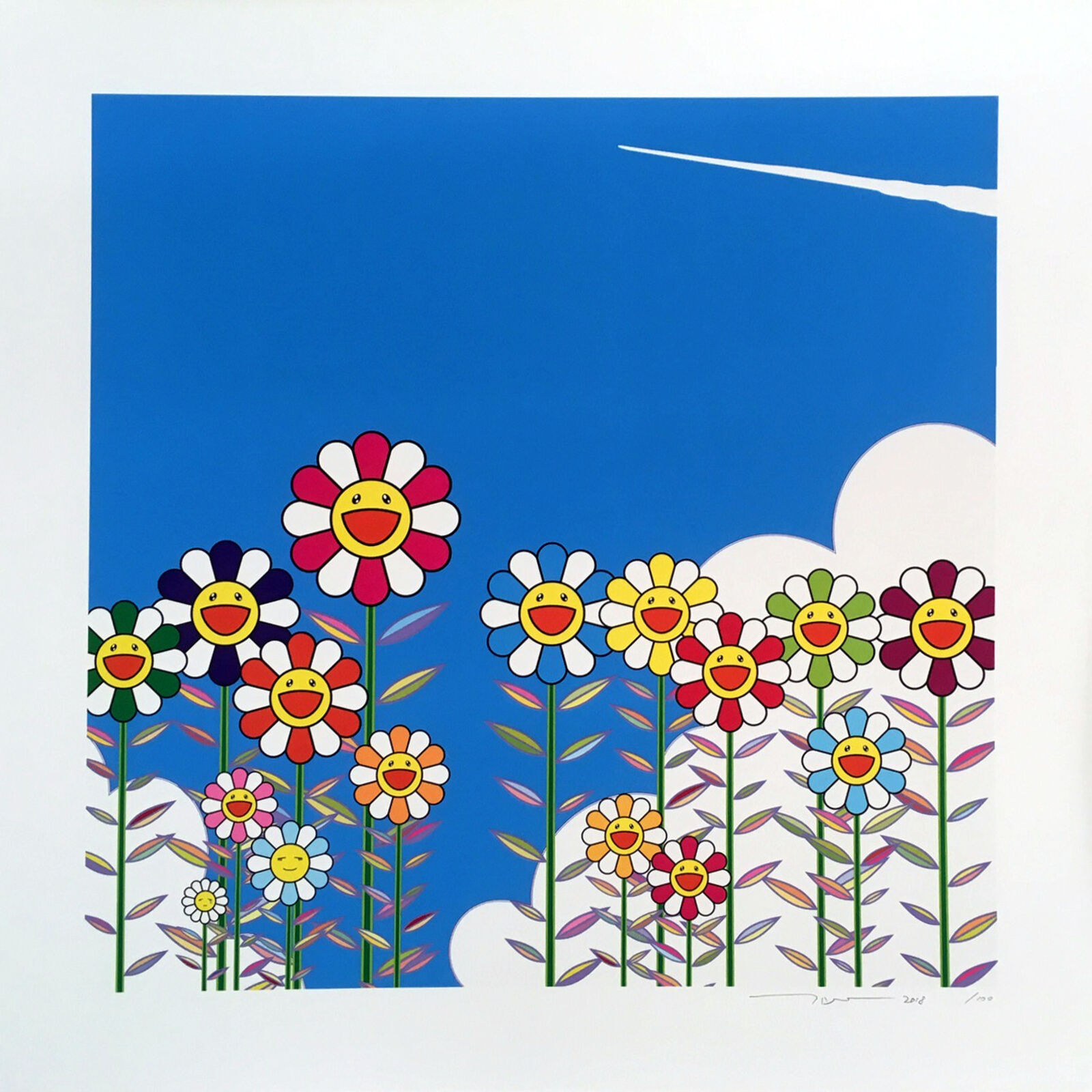 A painting of a field of flowers with a smiley face in the middle.