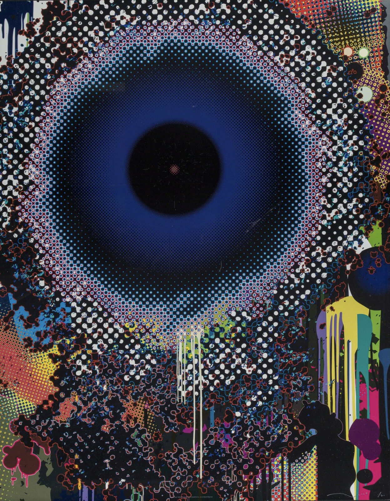 A painting of a black hole in the middle of a colorful background.