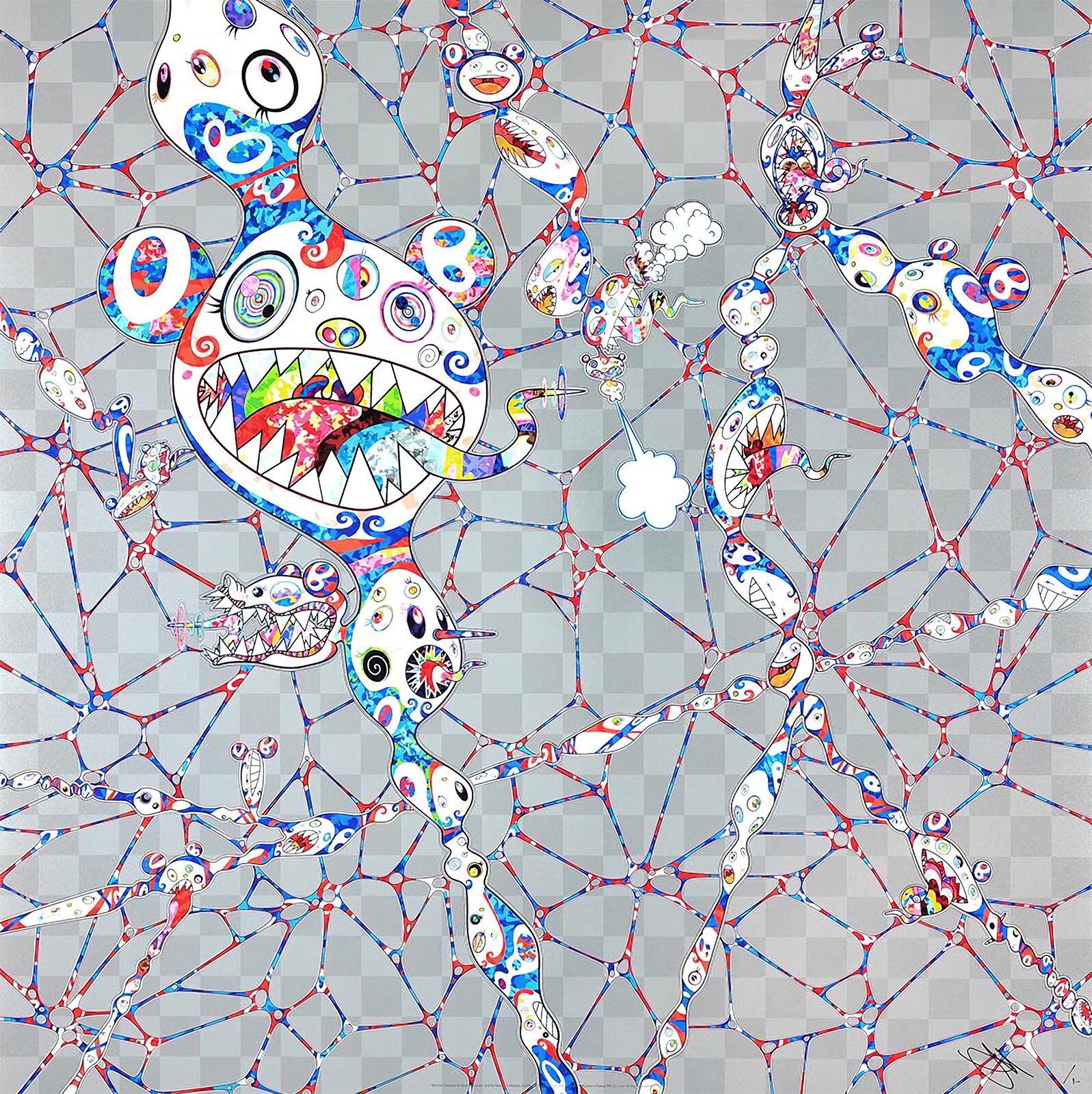 A drawing of a cartoon character surrounded by many different colored dots.