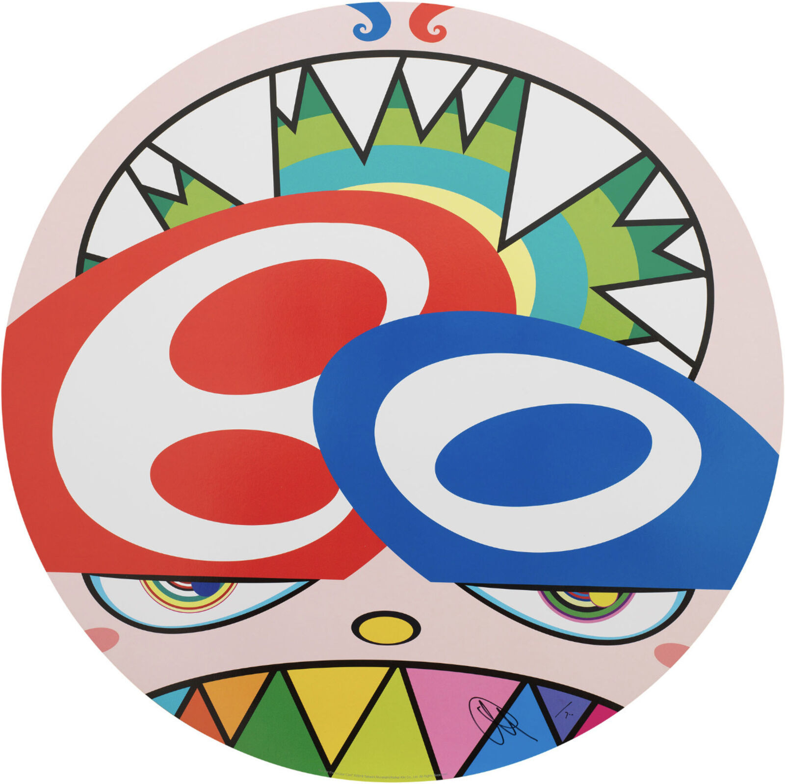 A colorful circle with a face in the middle of it.