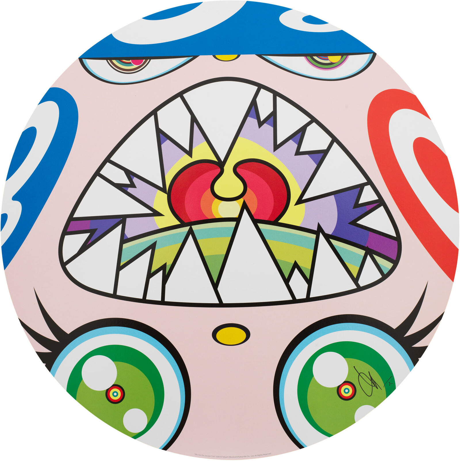 A painting of a pink monster with big teeth and big eyes.