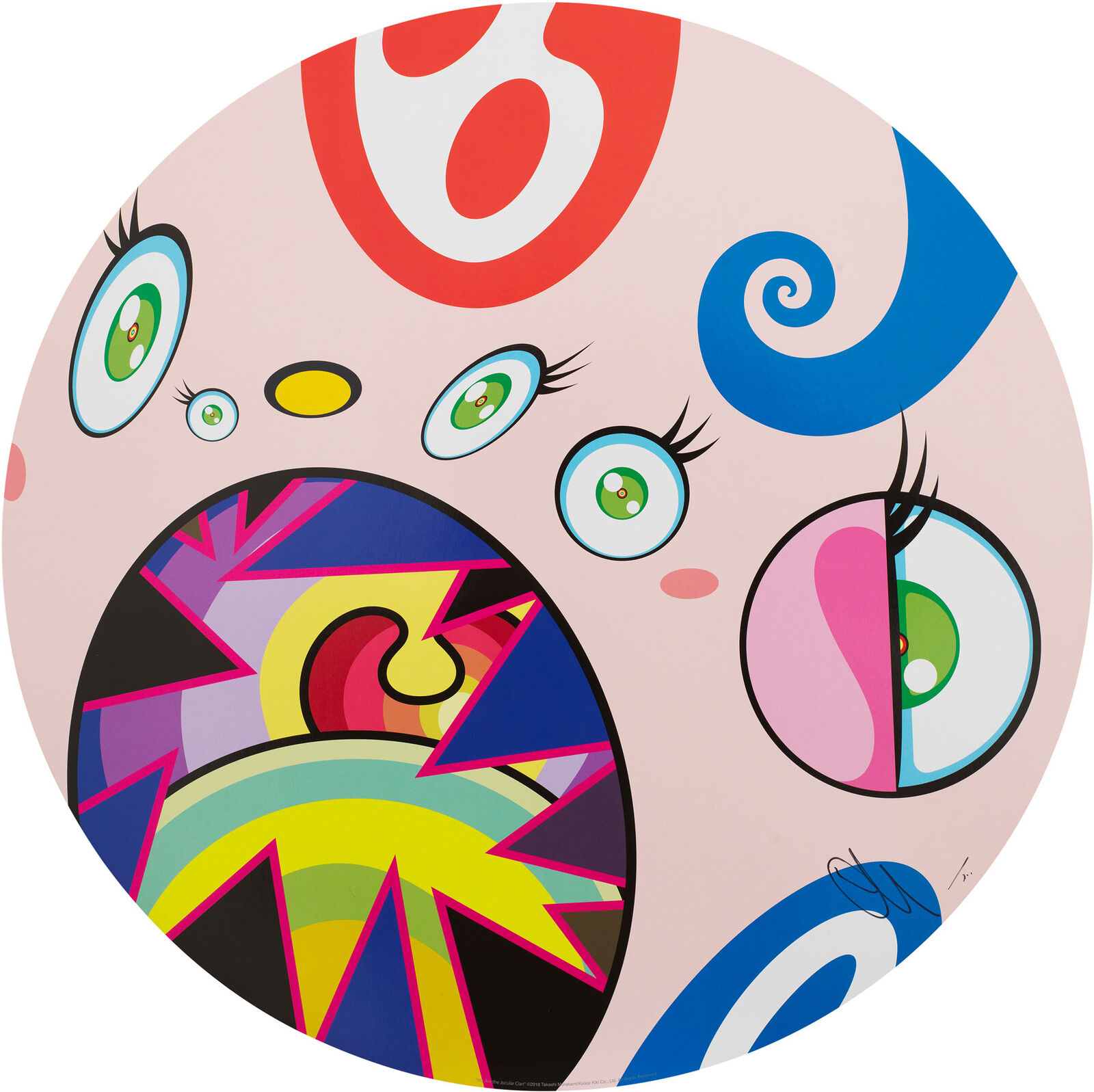 A painting of a pink circle with many different colored eyes.