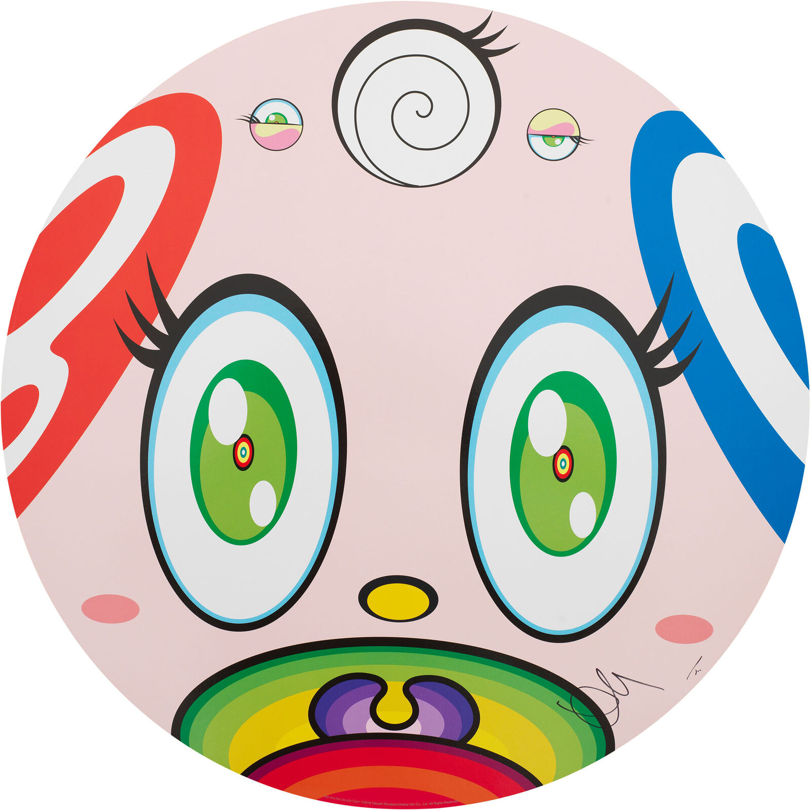 A pink circle with a cartoon face with a rainbow on it.
