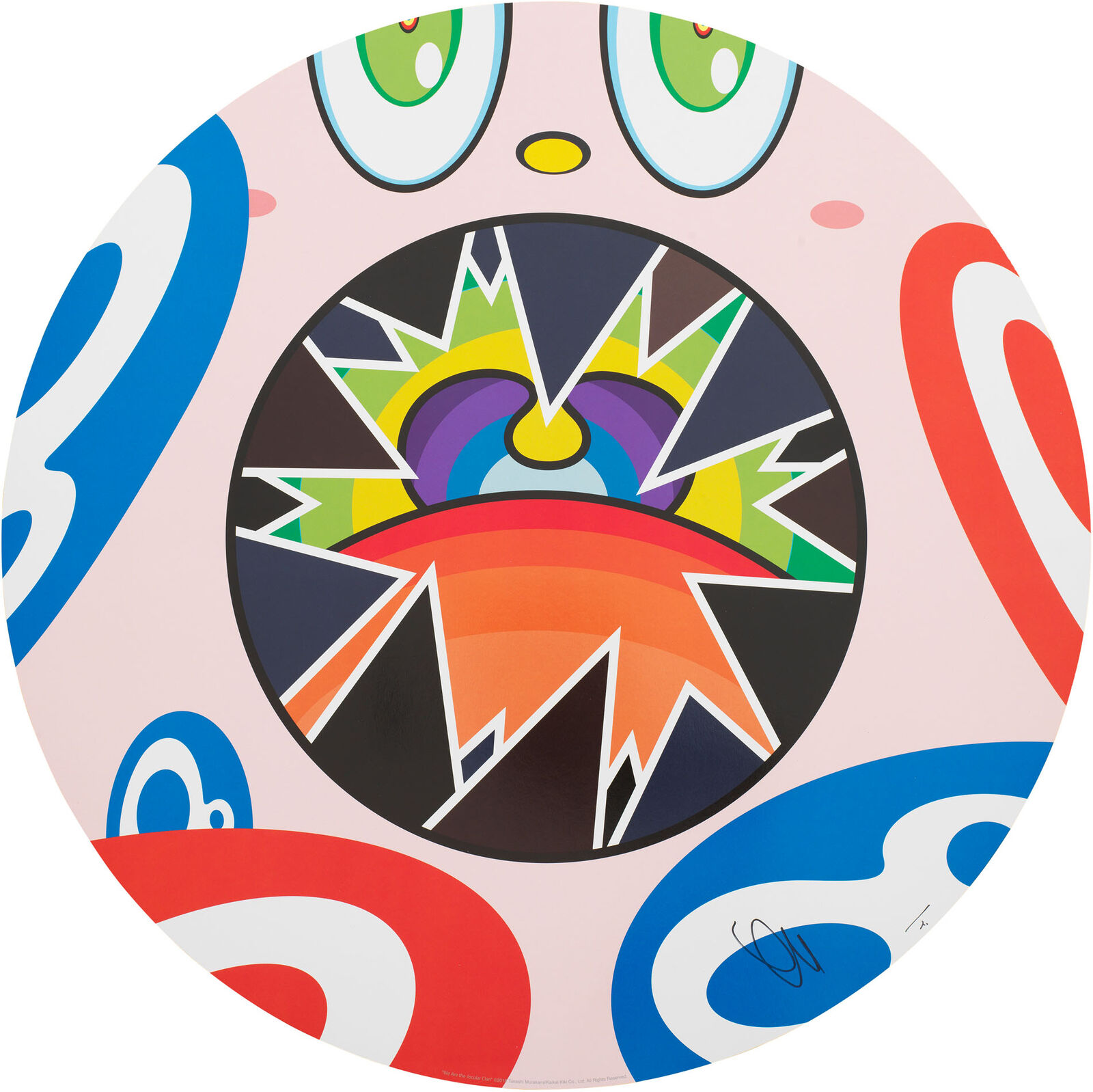 A painting of a pink circle with a colorful design on it.