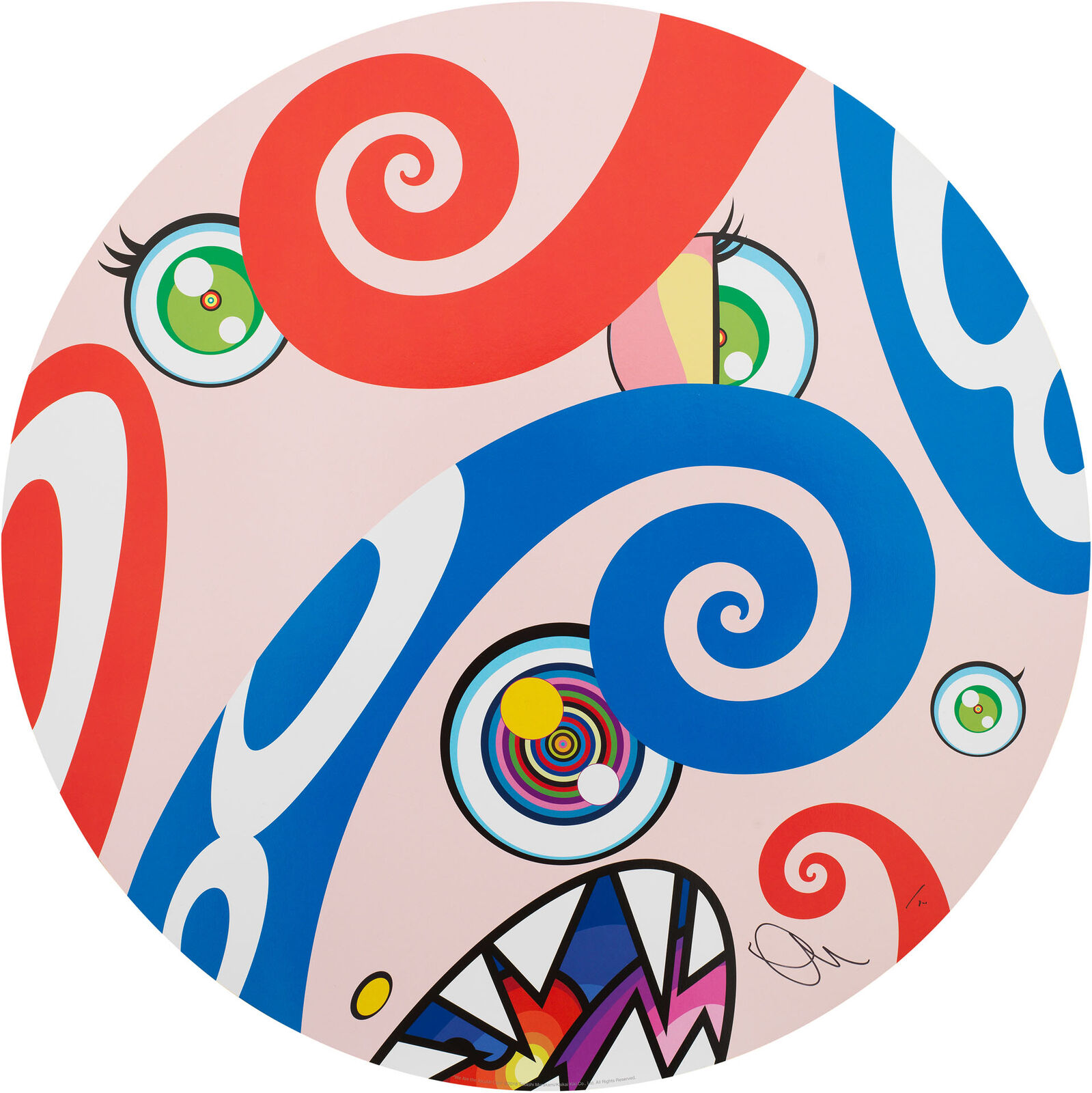 A painting of a pink circle with blue, red, and white swirls.