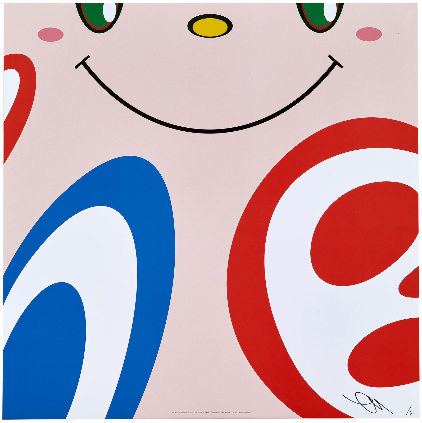 A pink poster with a smiley face on it.