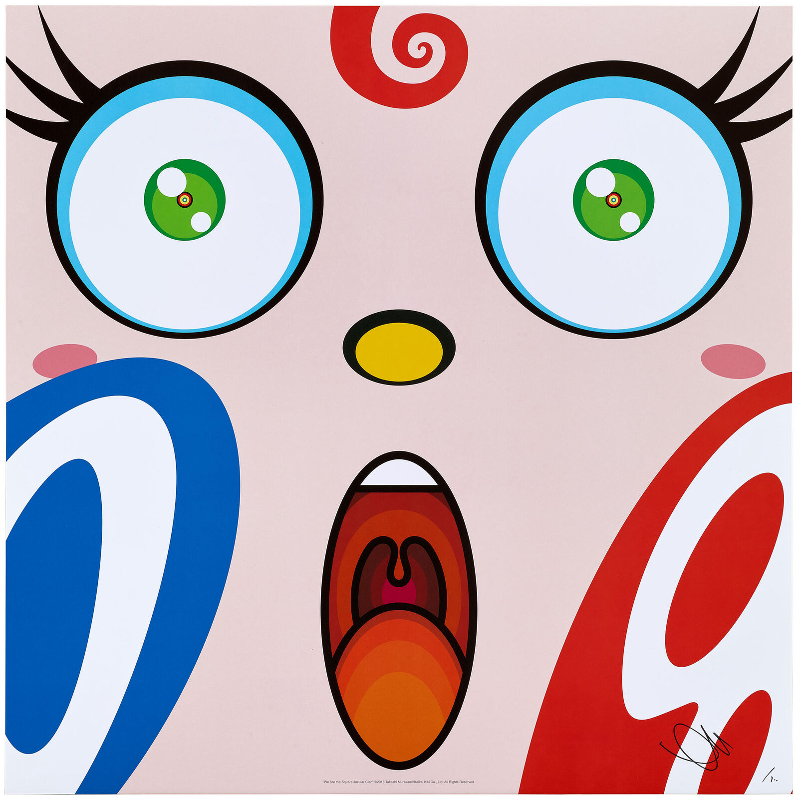 A painting of a woman's face with big eyes and a surprised expression.