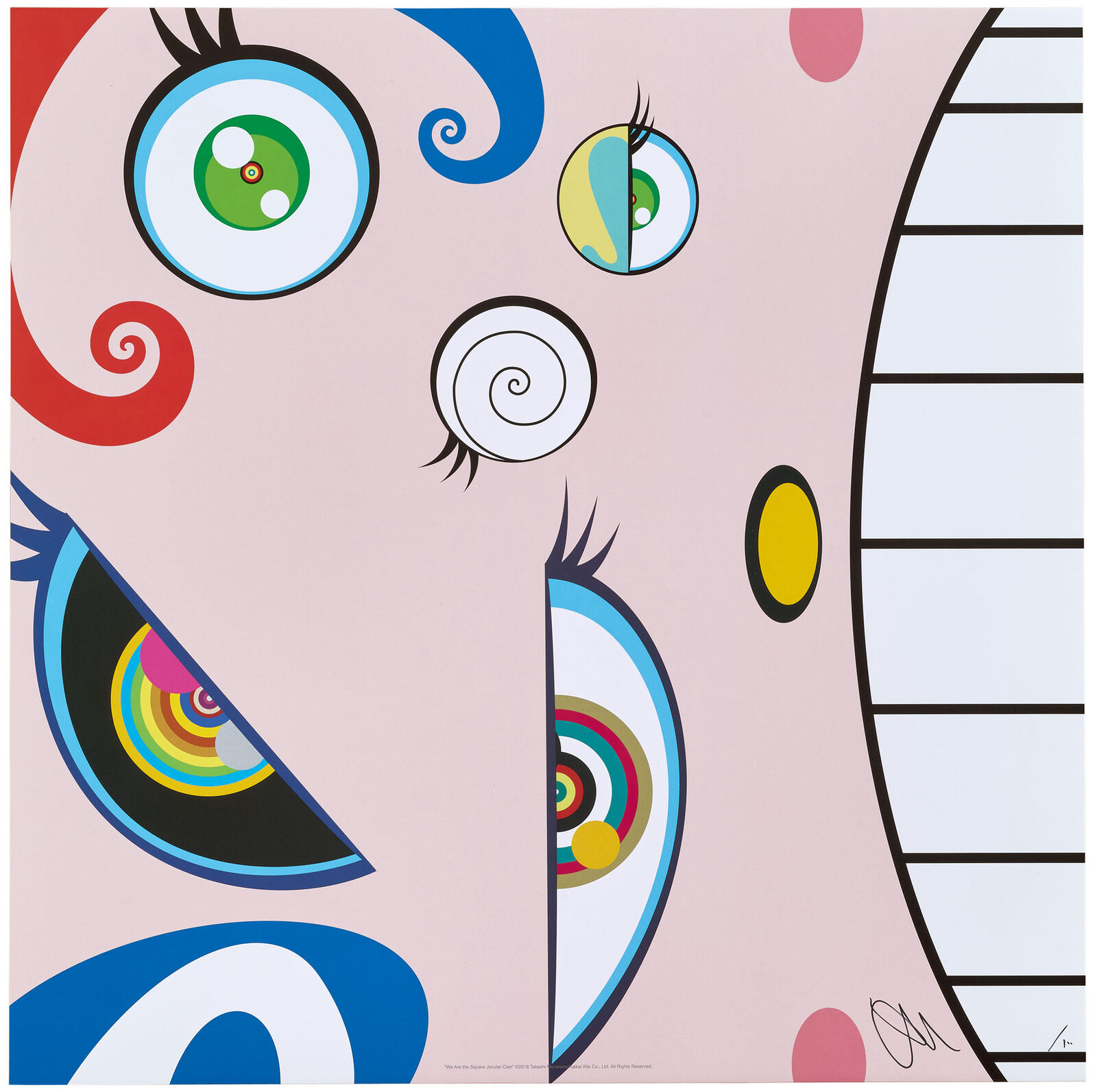 A painting of a pink face with many different colored eyes.