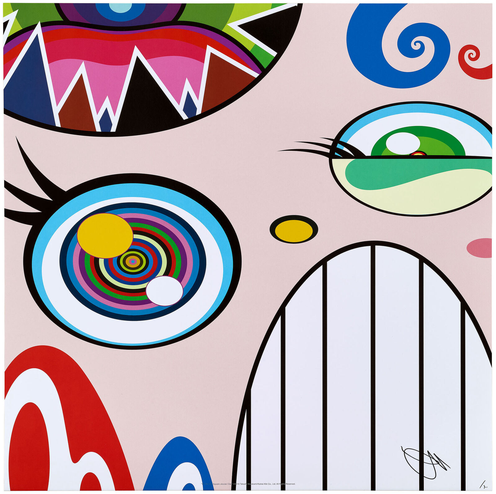 A painting of a woman's face with colorful circles on it.