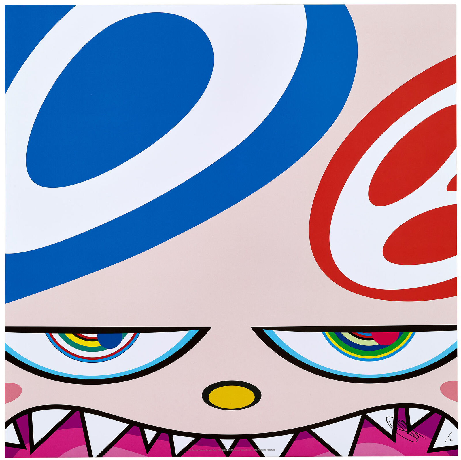 A pink and blue poster with a cartoon face with big eyes.
