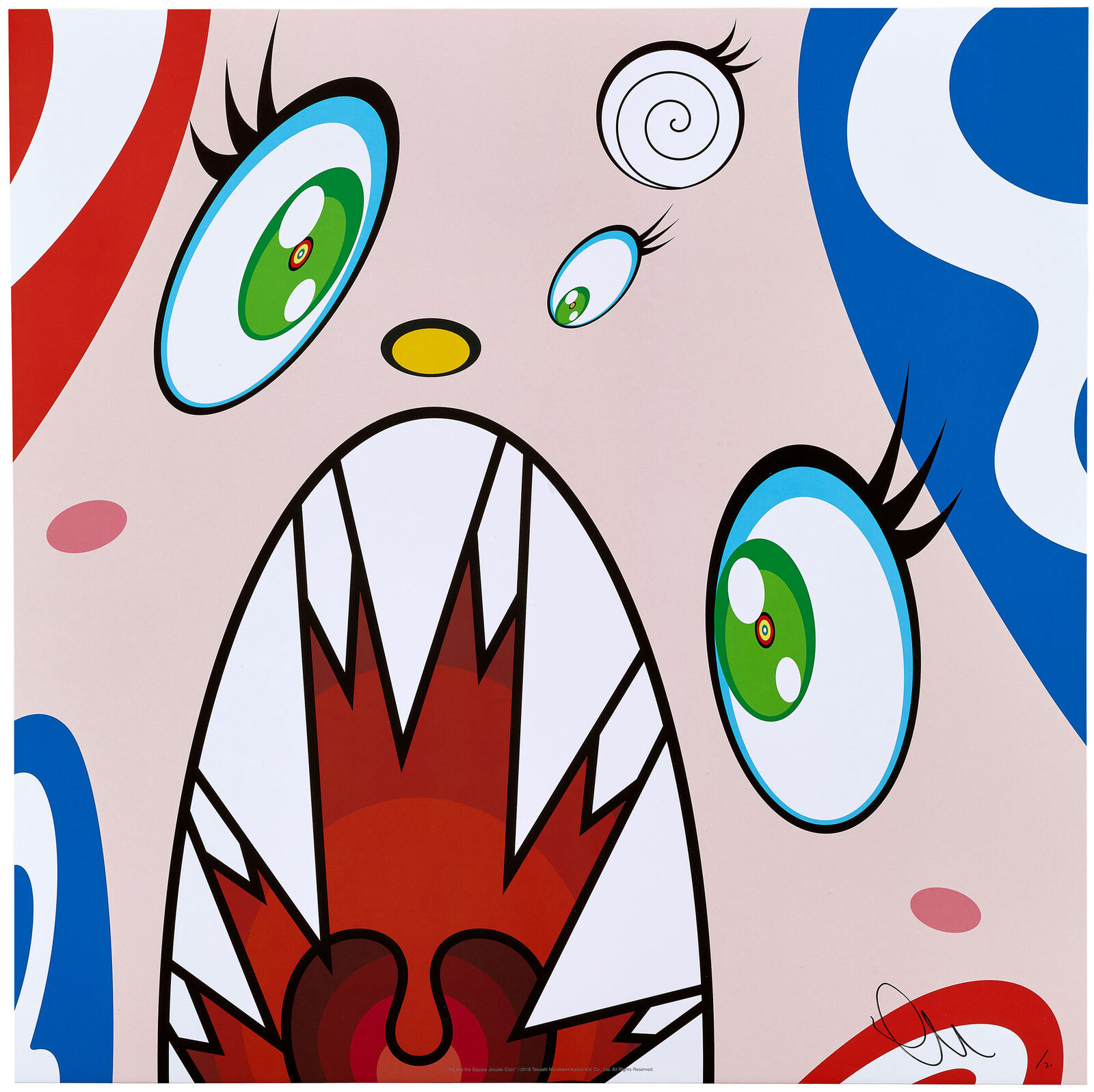 A painting of a woman's face with green eyes.