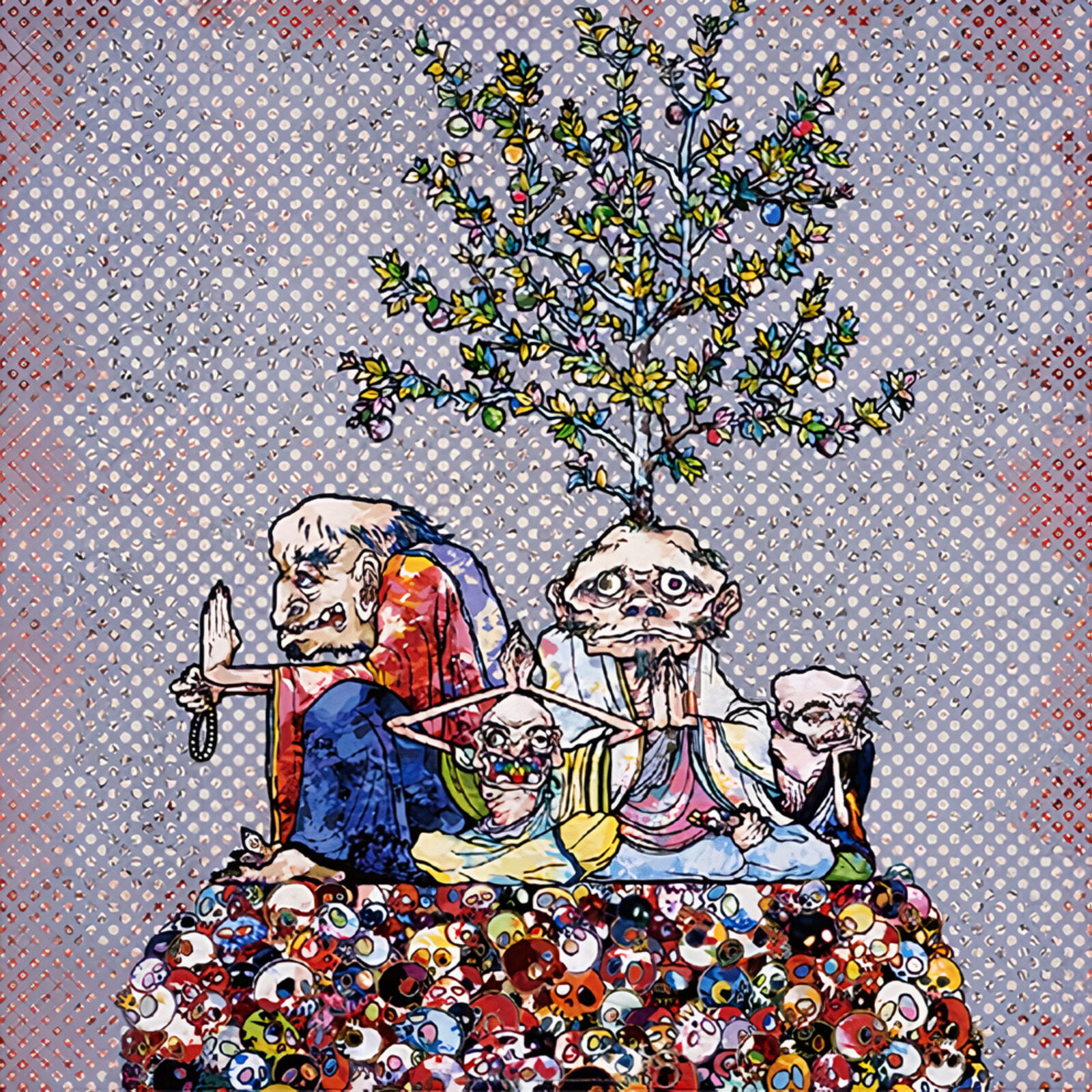 A painting of a group of people sitting around a tree.