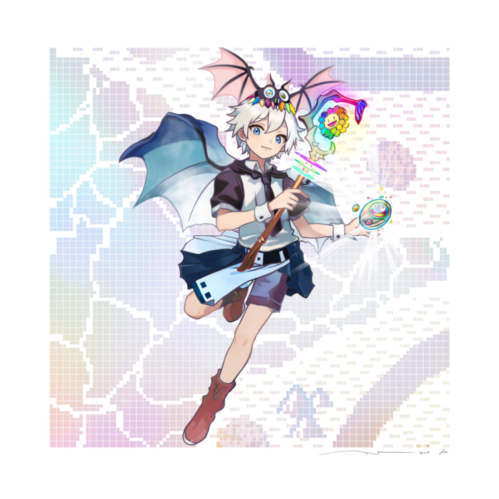 A girl in a school uniform holding a wand and a bat.