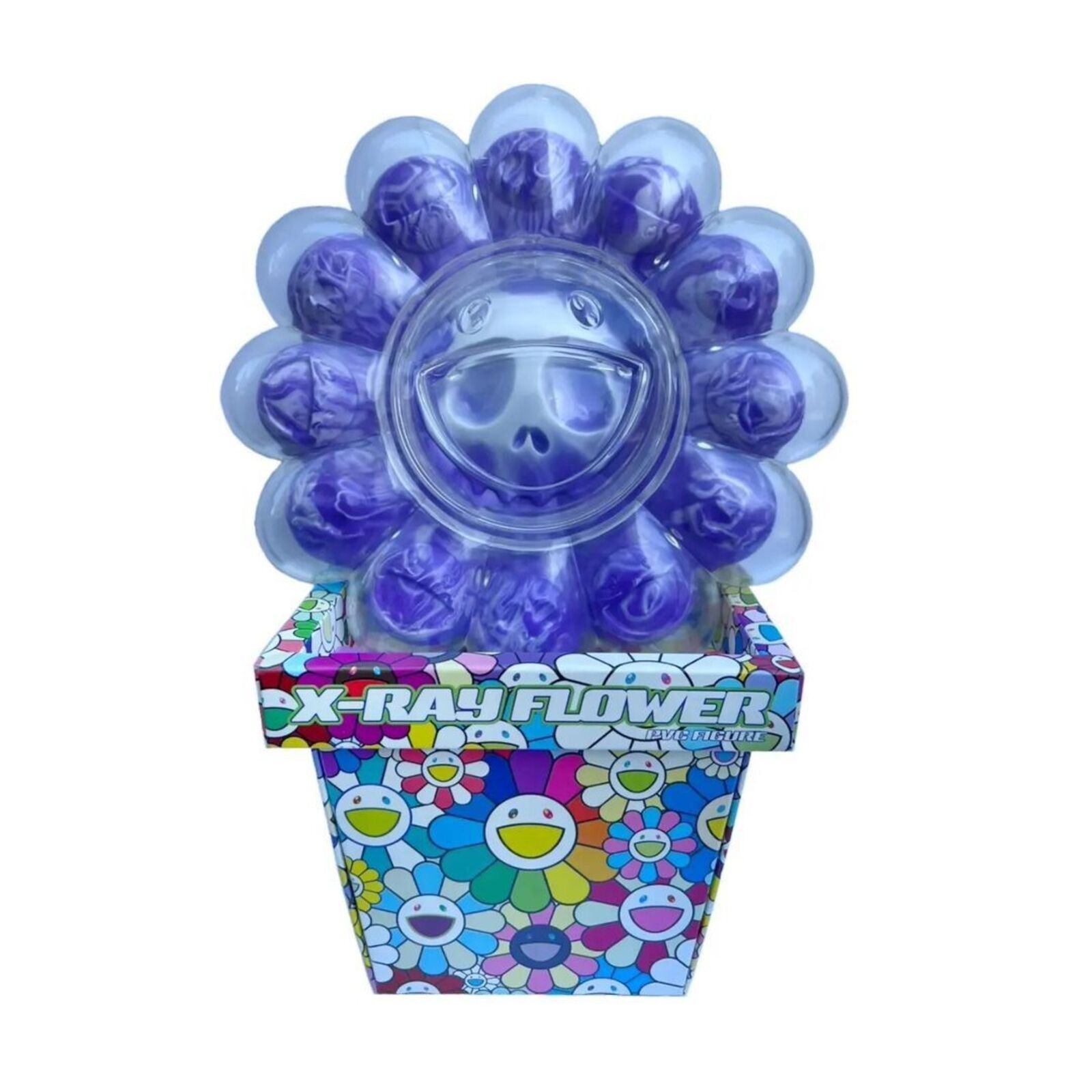 A box of purple and blue flowers with a skull in it.