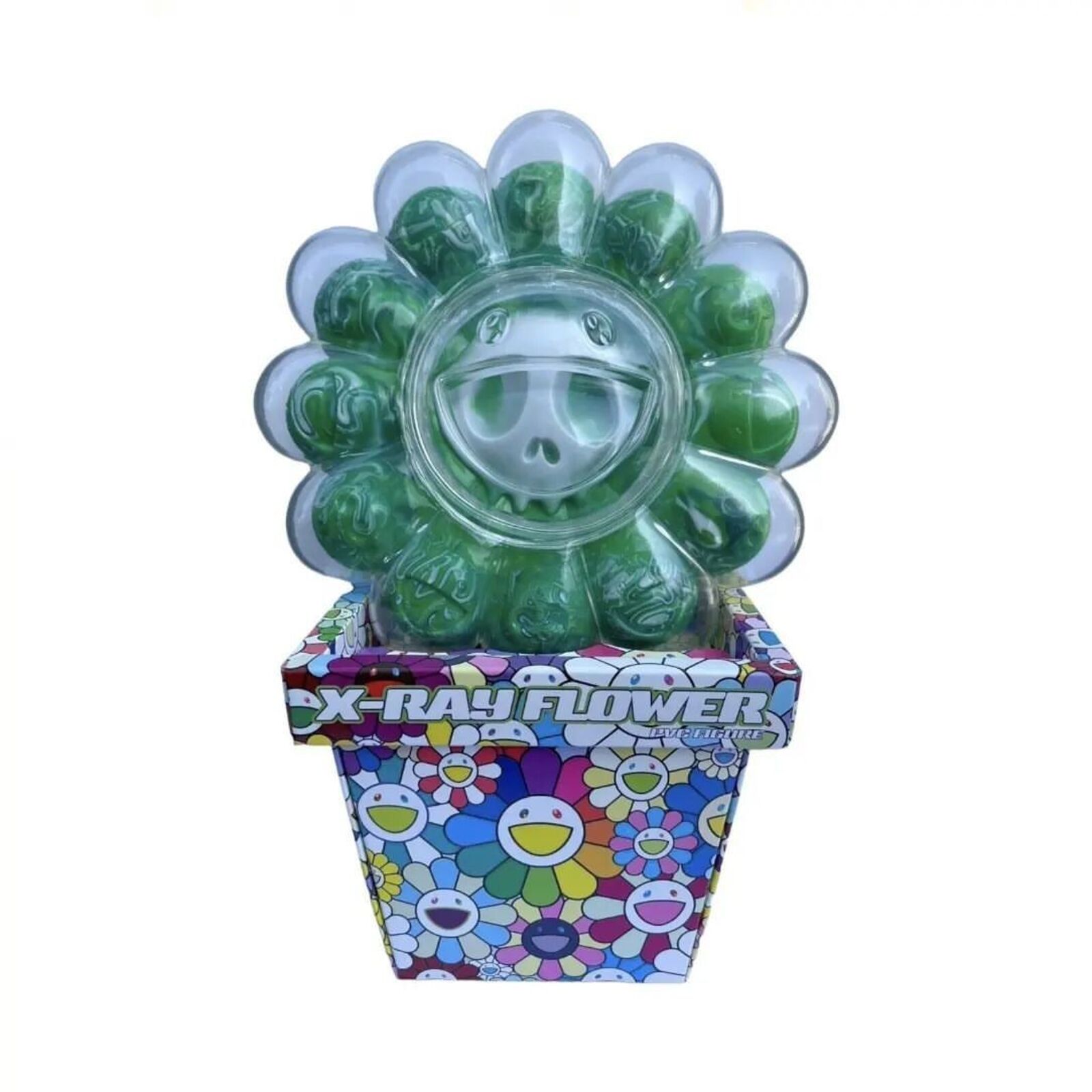 A flower shaped container filled with green gummy bears in it.