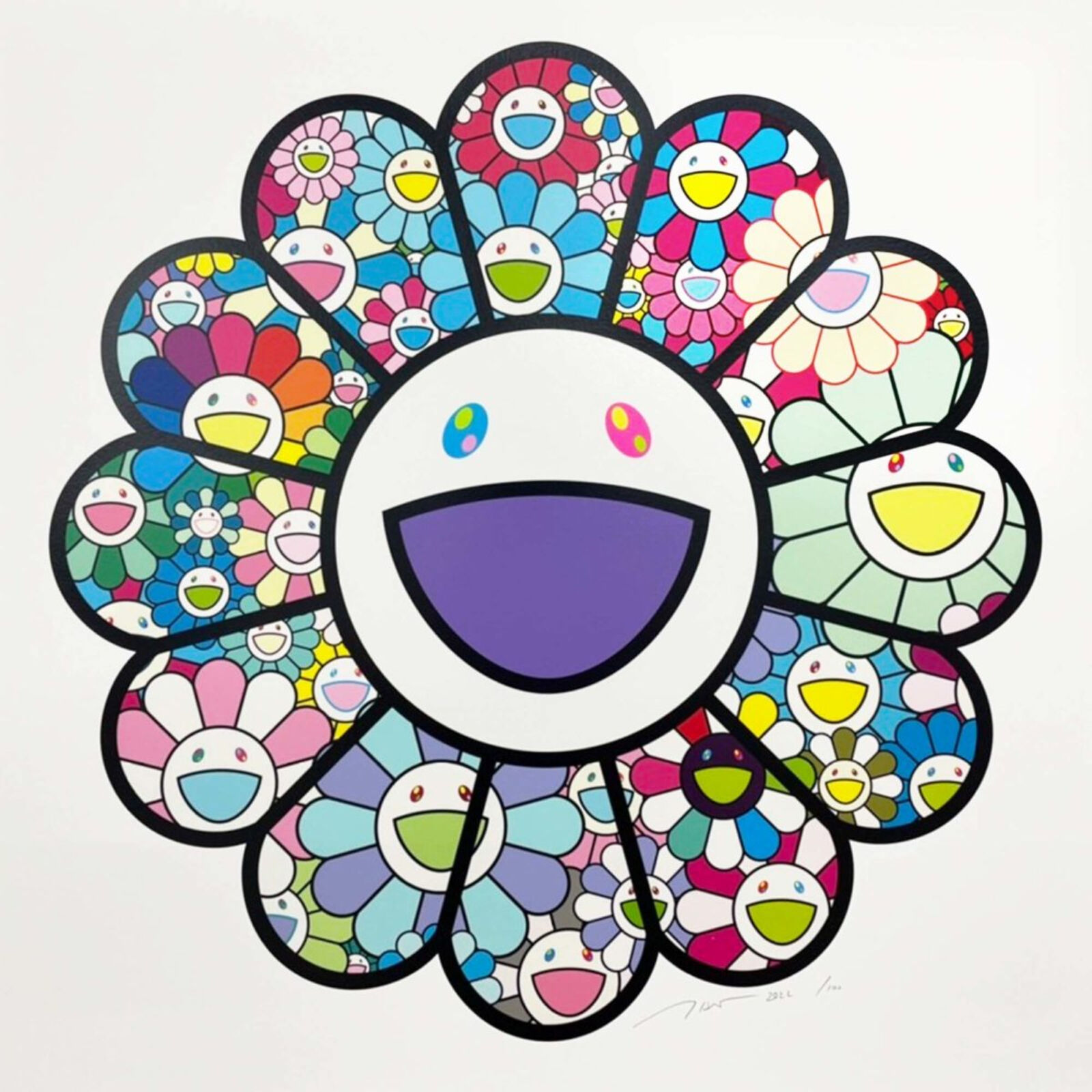 A painting of a flower with a smiley face on it.