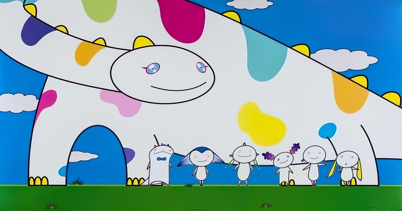 A group of people standing in front of a colorful dinosaur.