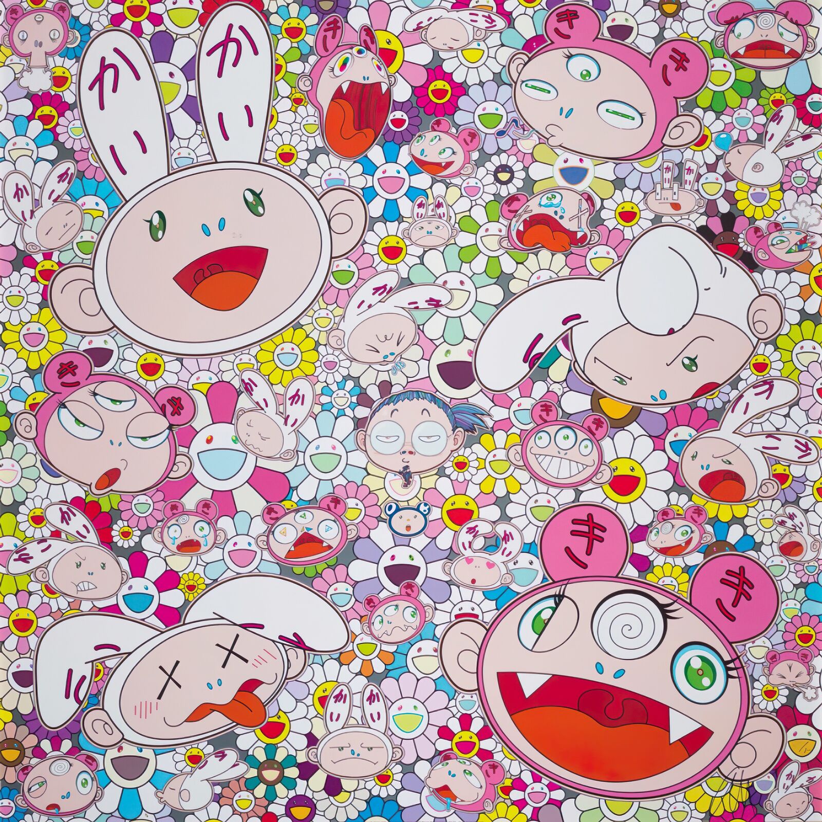 A large group of cartoon characters in a field of flowers.