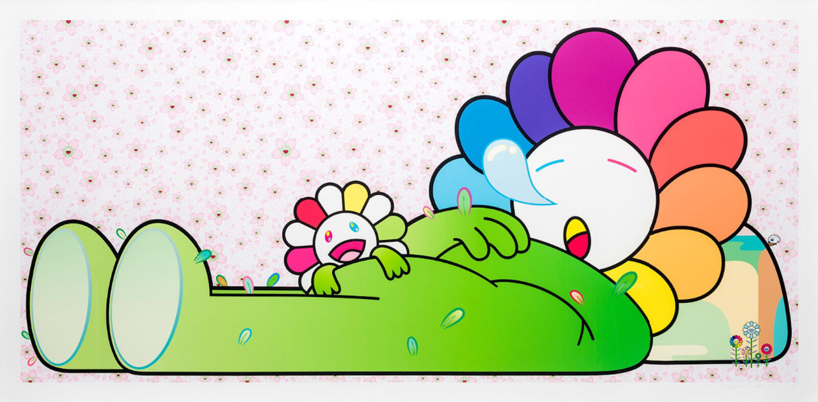 A painting of a cartoon character laying on top of a bed.