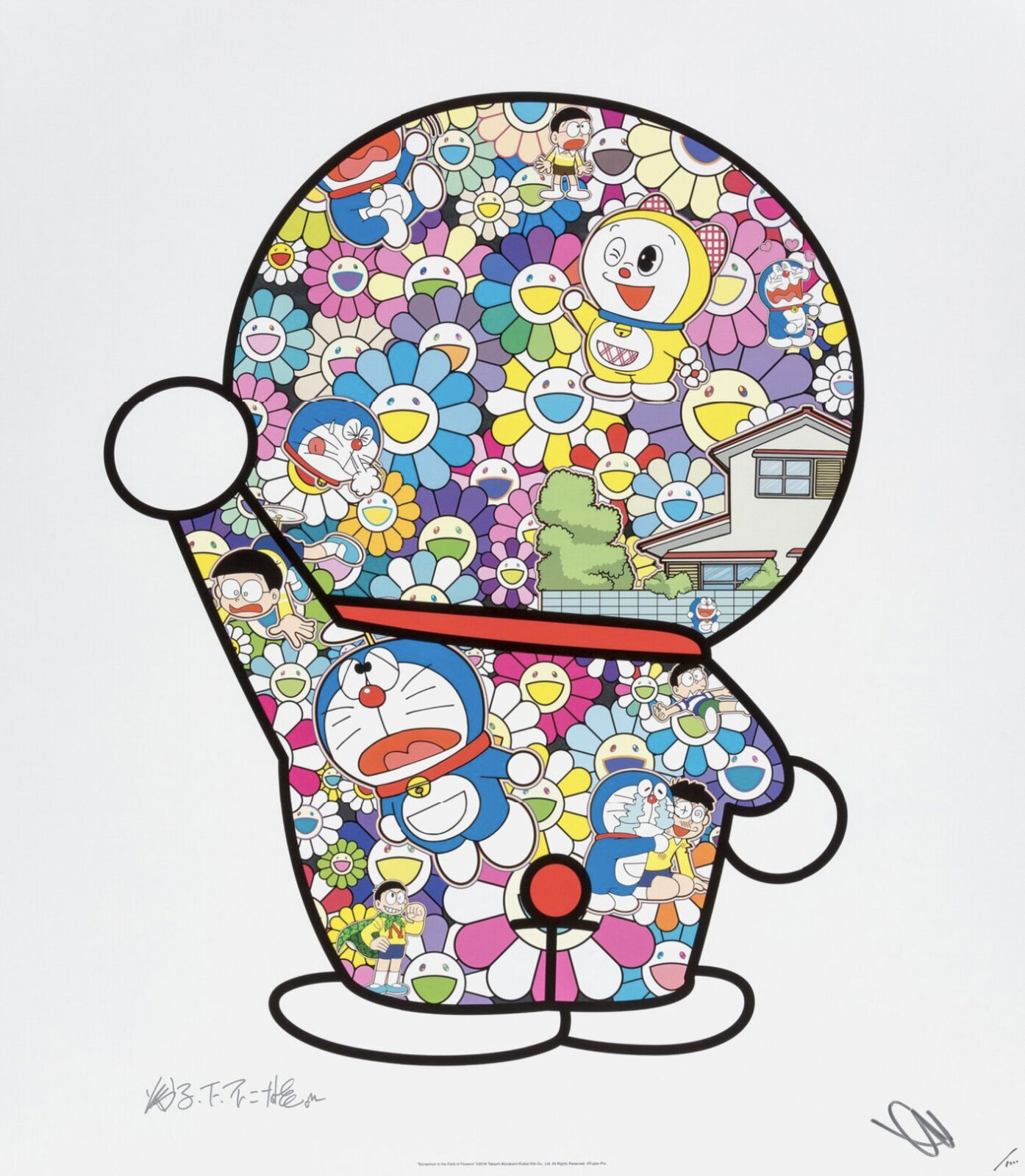 A drawing of a doraemon sitting in a chair surrounded by flowers.