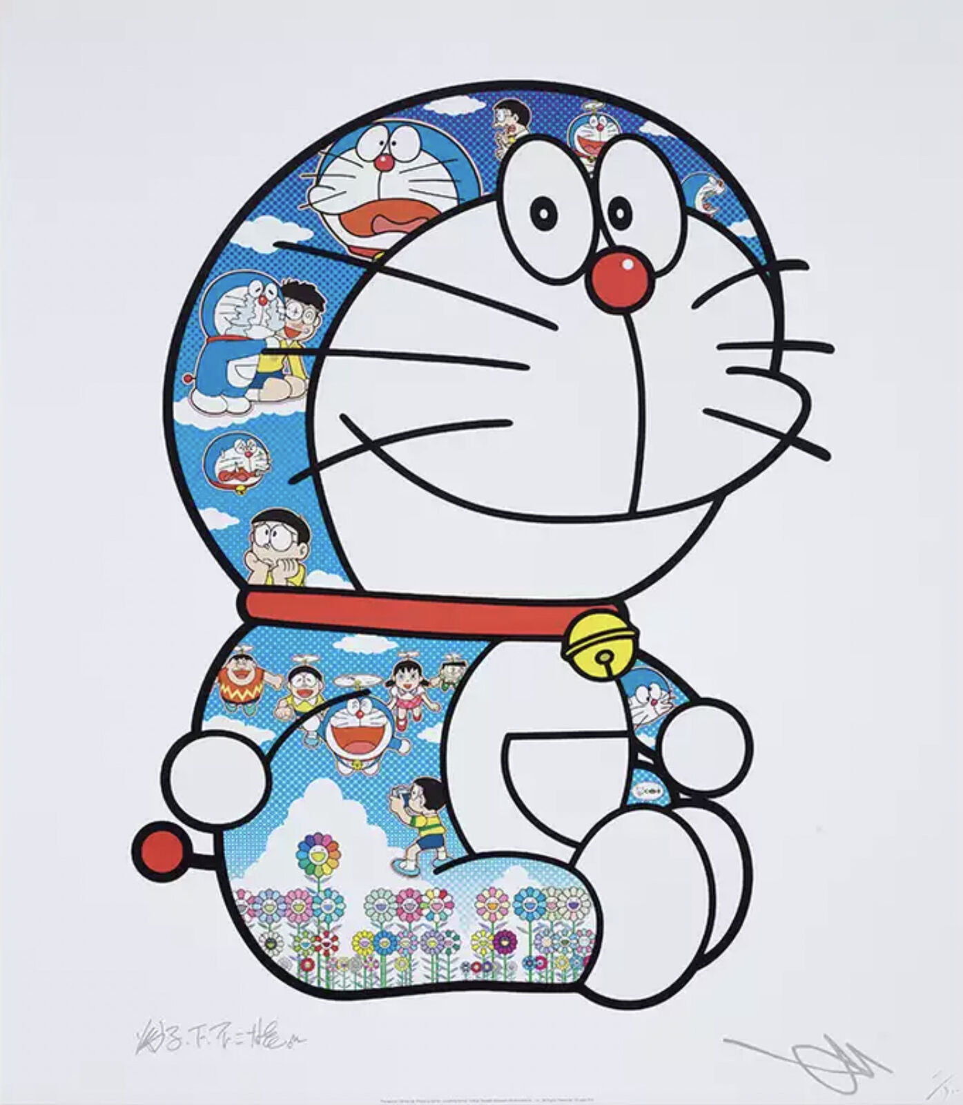 A drawing of a doraemon sitting in front of a white background.