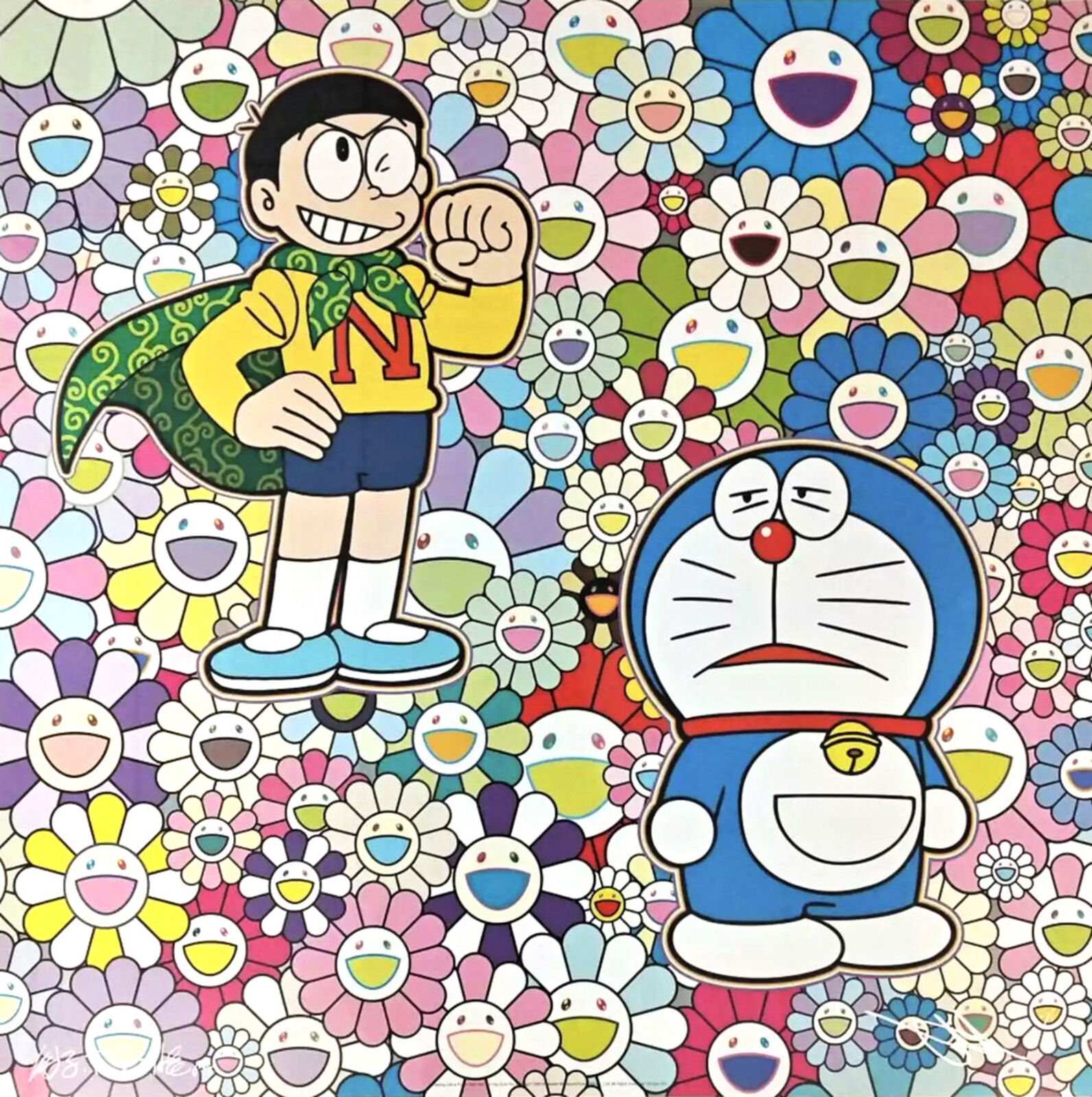 A painting of a cartoon character standing in front of a bunch of flowers.