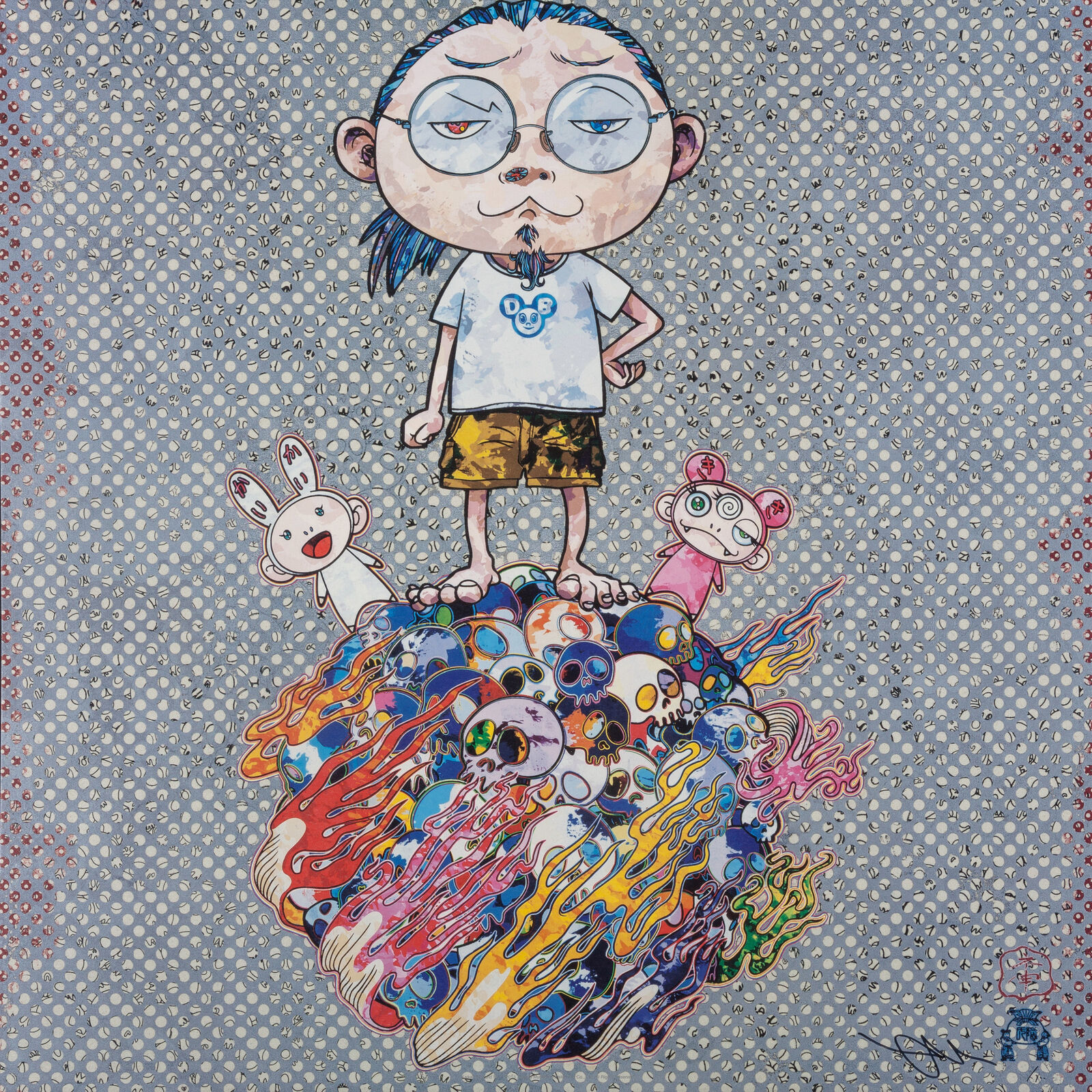A painting of a boy standing on top of a pile of skulls.