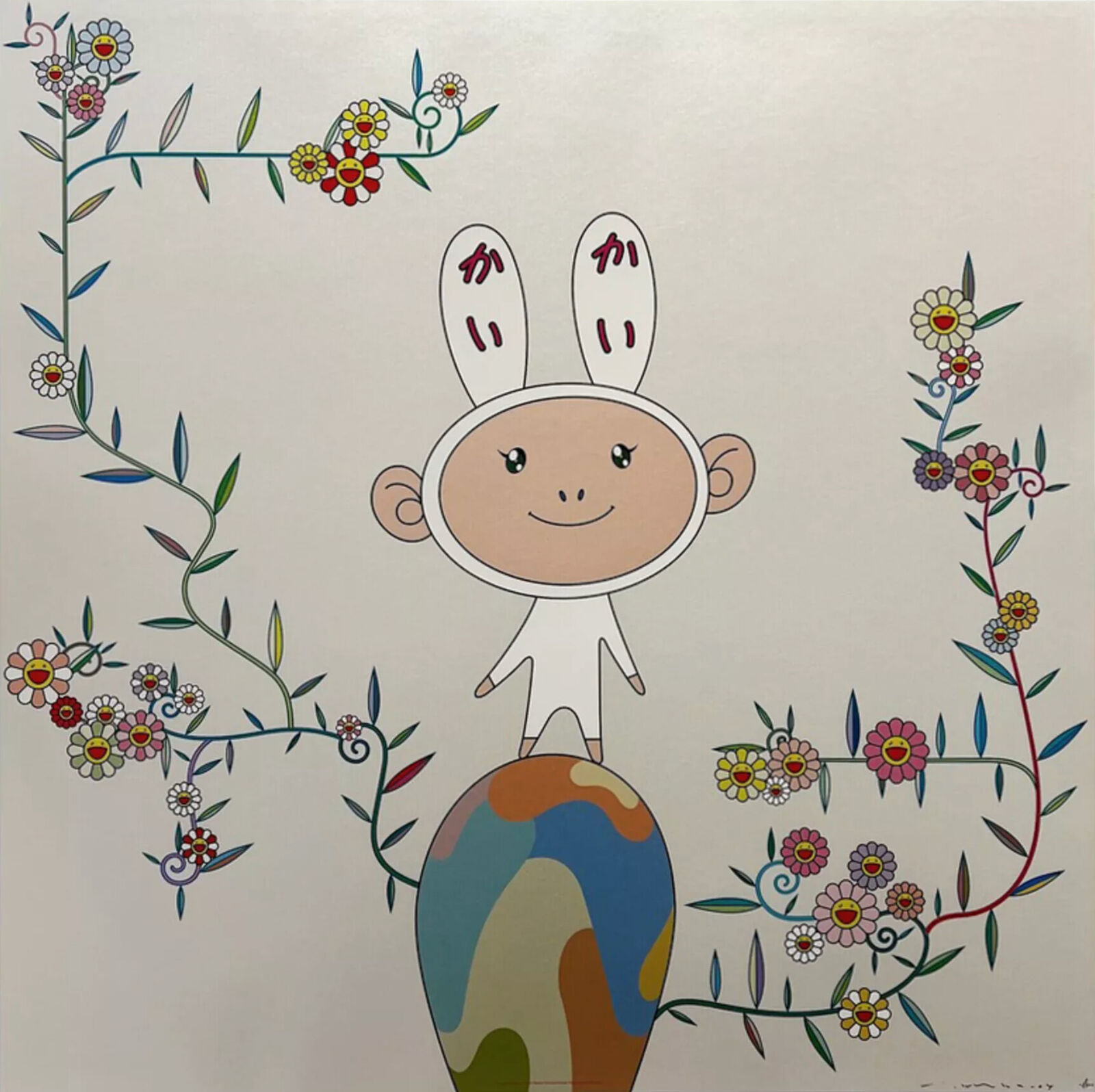 A drawing of a monkey sitting on top of a globe.