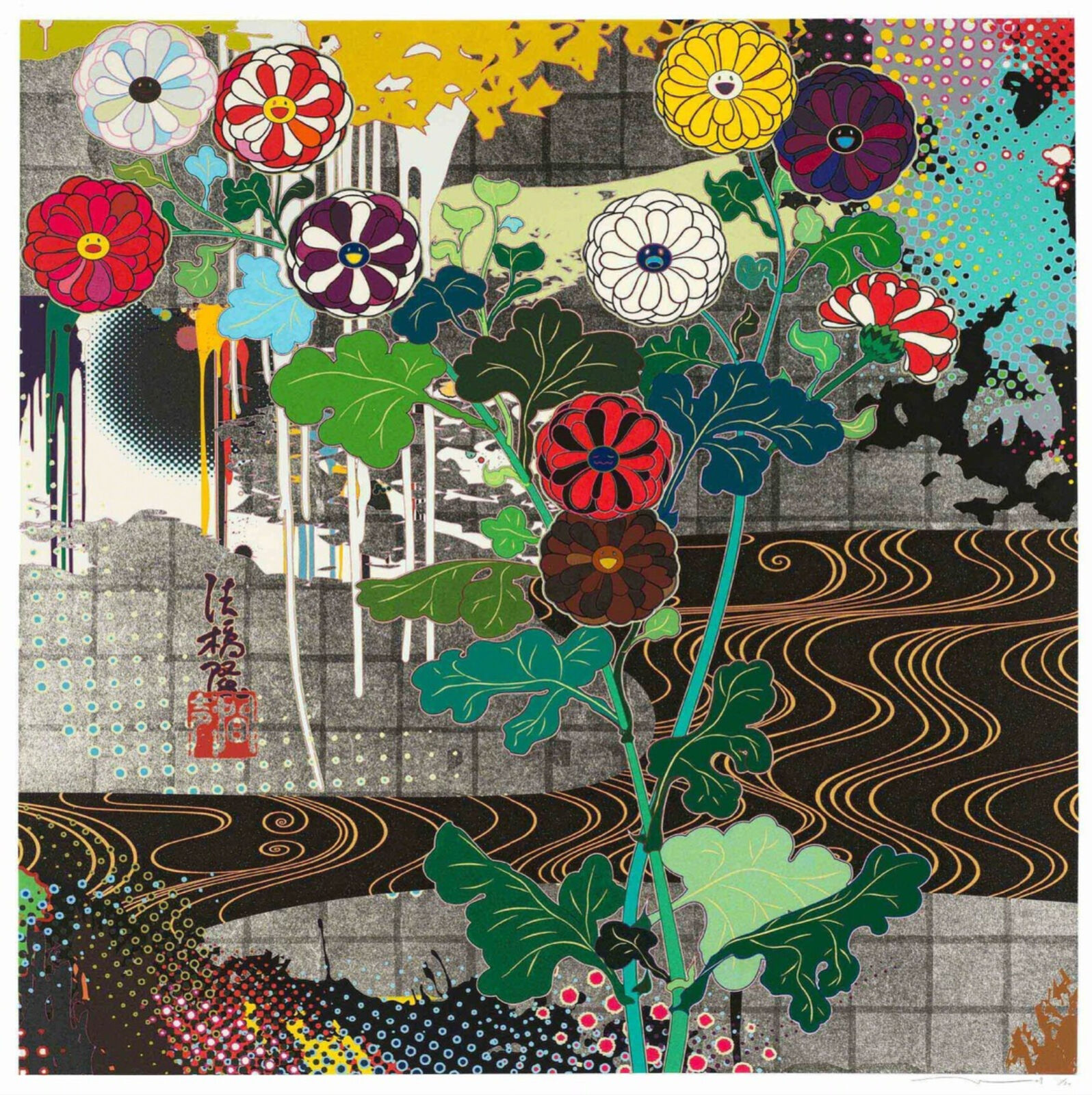A painting of flowers in a vase on a table.