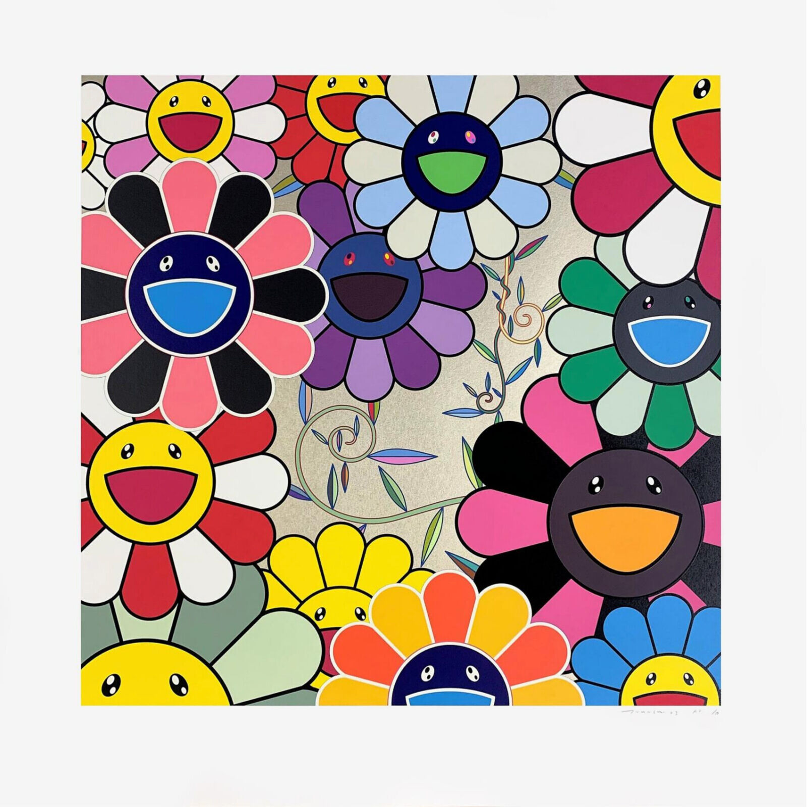 A painting of a bunch of colorful flowers with smiley faces.
