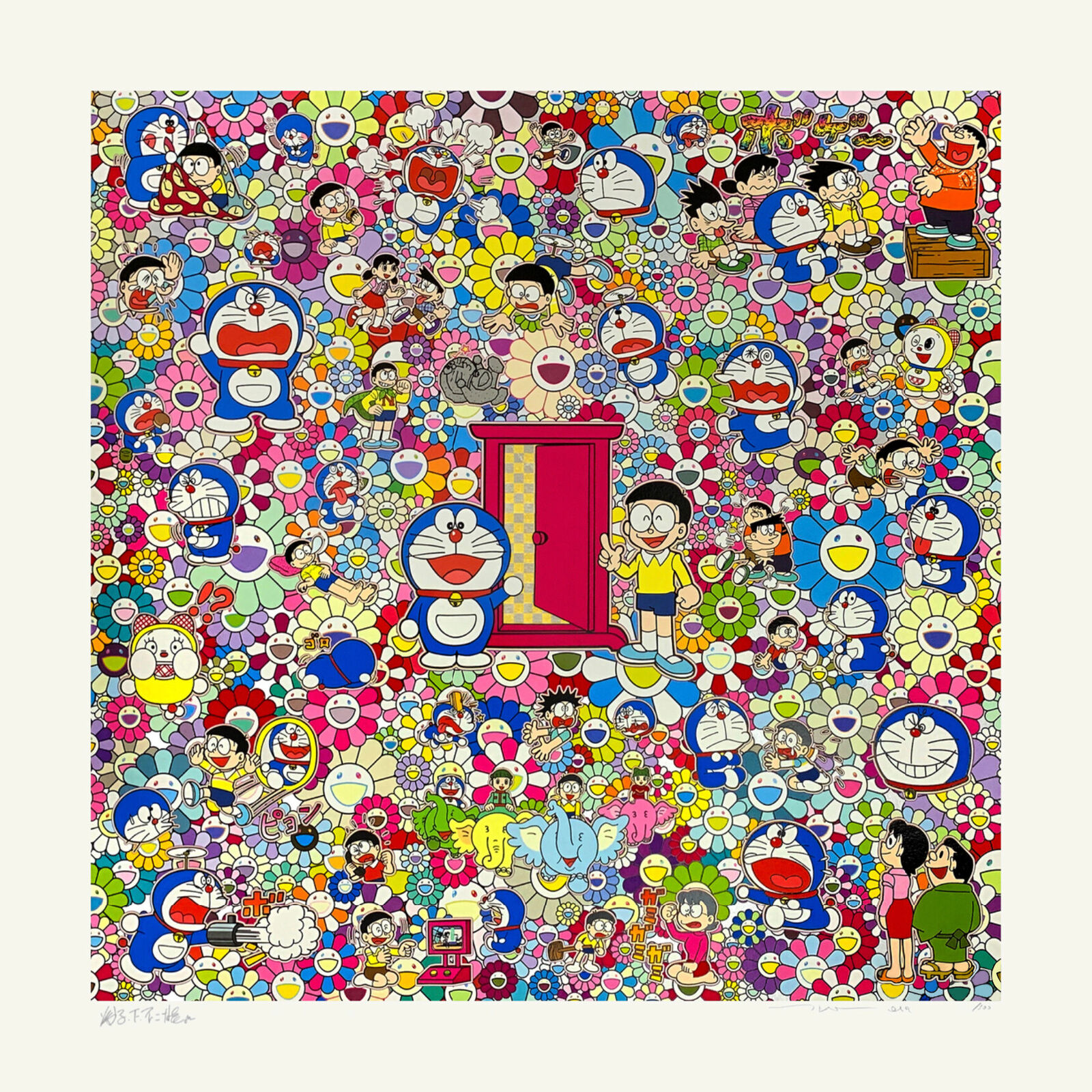 A large group of cartoon characters in a room full of flowers.