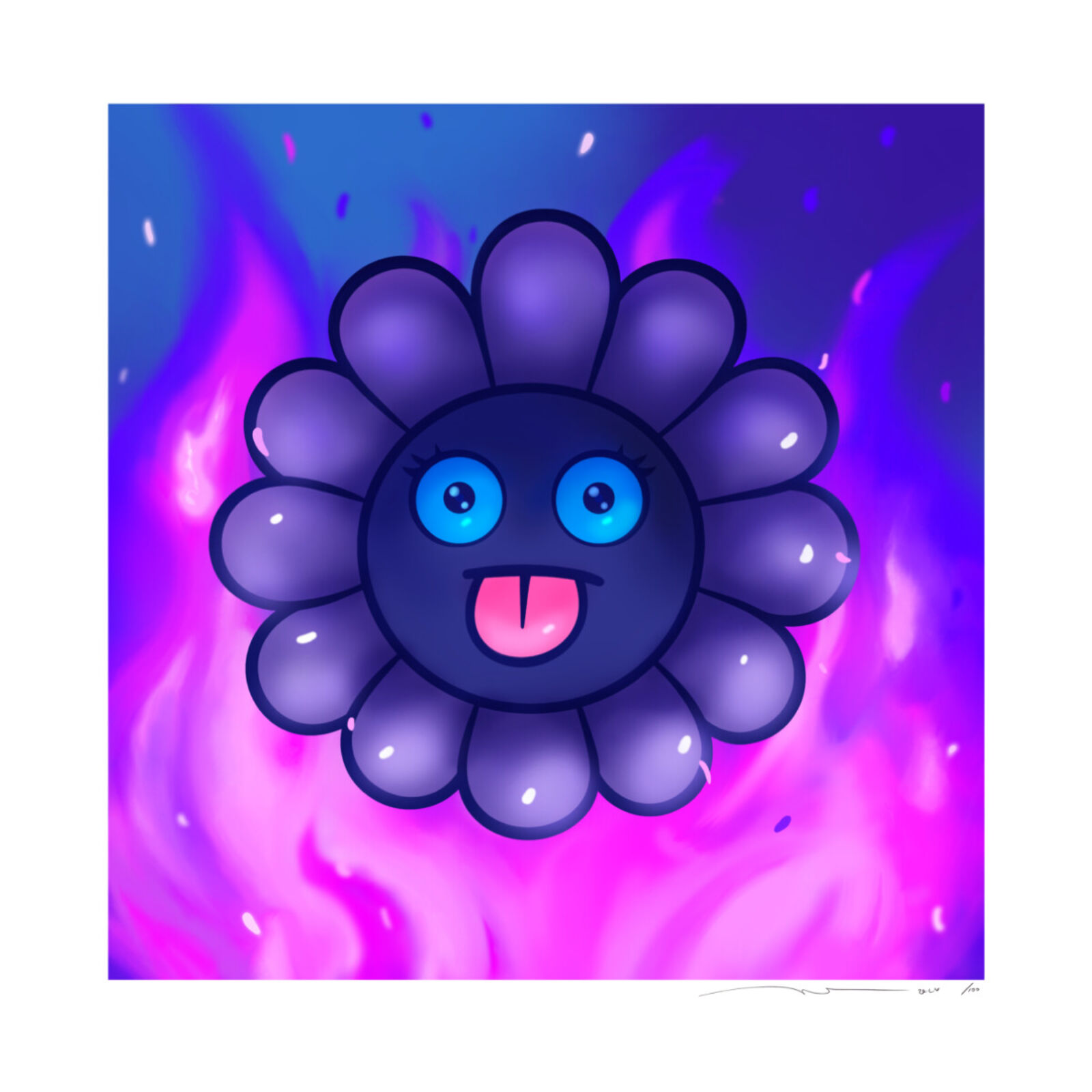 A purple flower with blue eyes and a tongue sticking out.