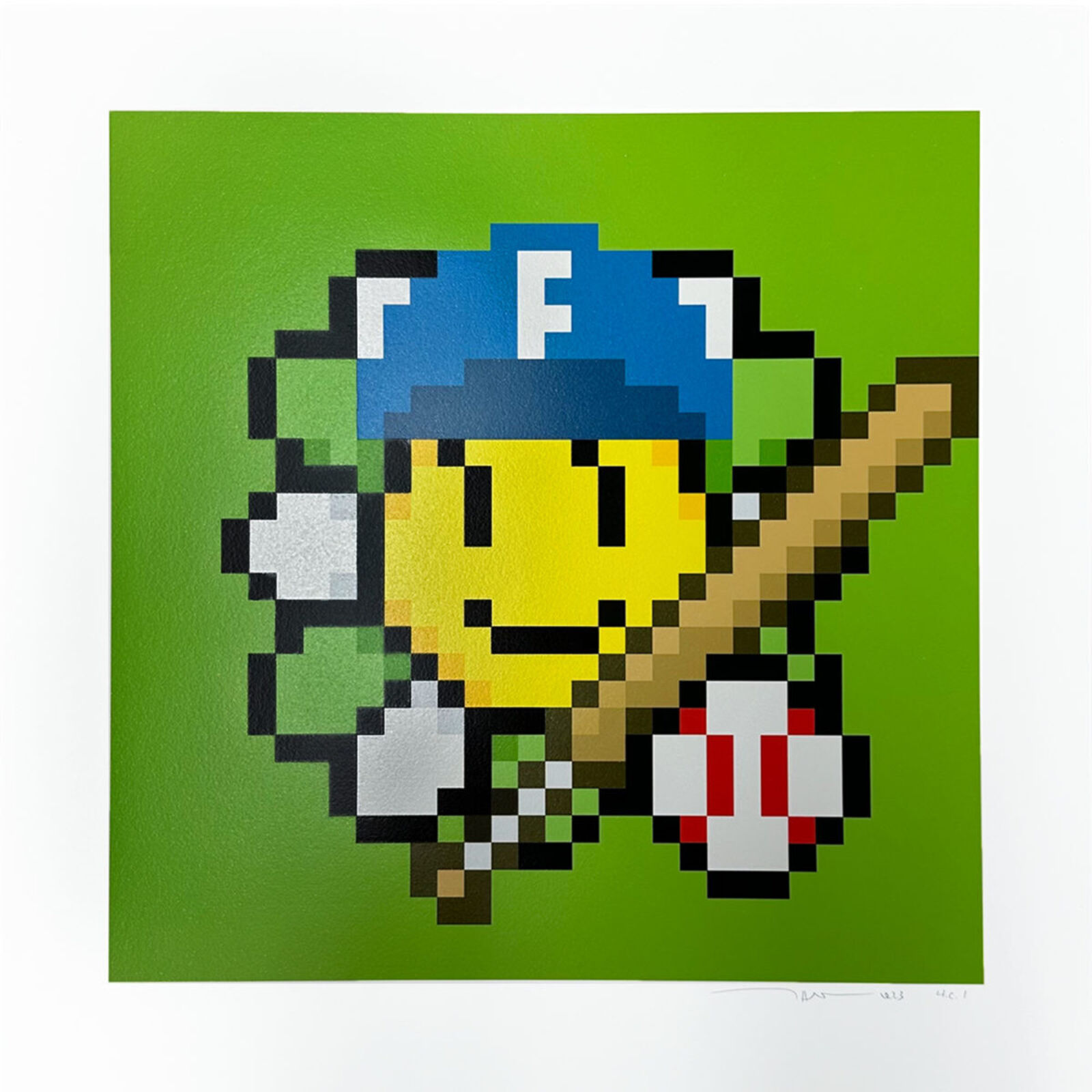 A pixel art of a smiley face holding a baseball bat.