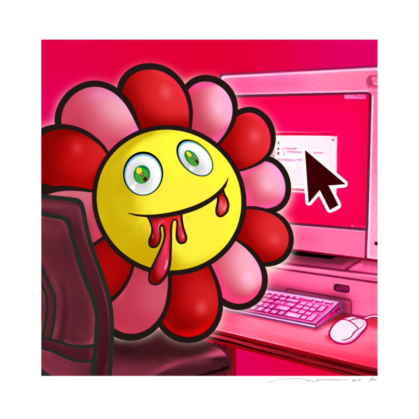 A computer screen with a smiley face and a flower on it.