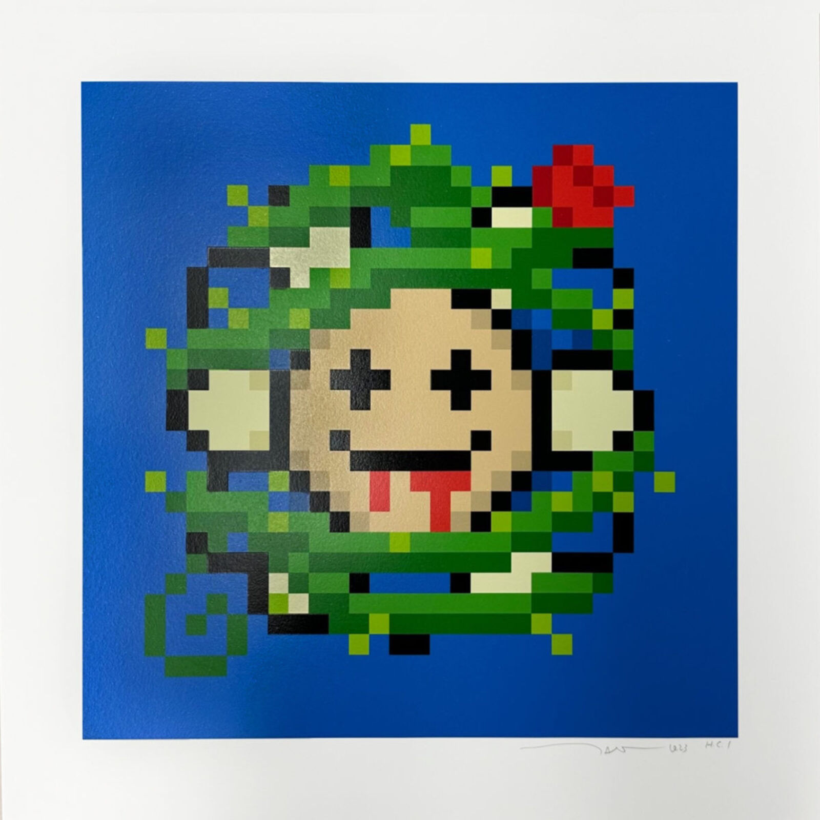 A pixel art of a cartoon character with a flower in his hair.