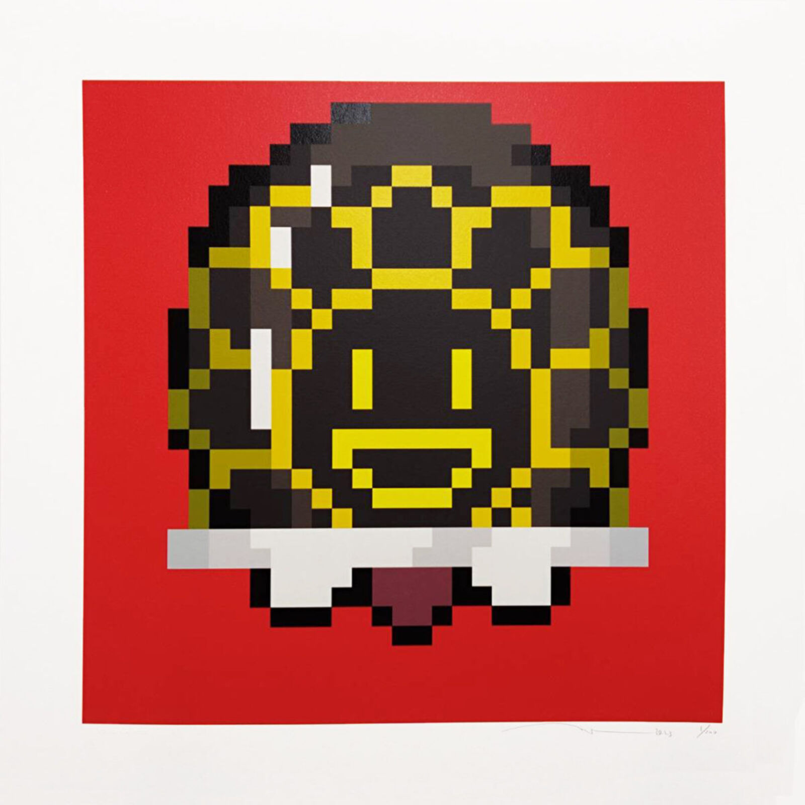 A pixel art of a man wearing a helmet on a red background.