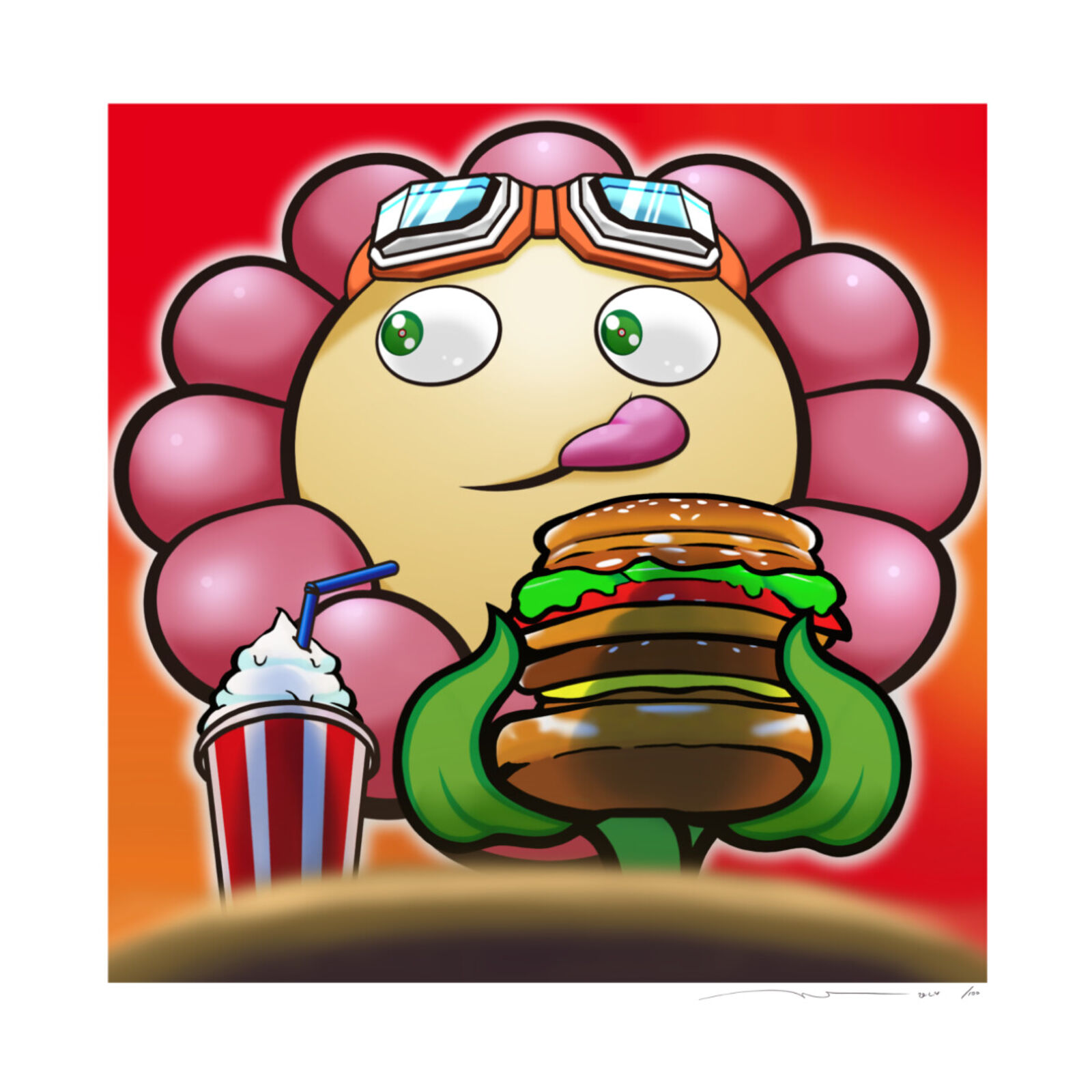 A cartoon character with a hamburger and a drink.