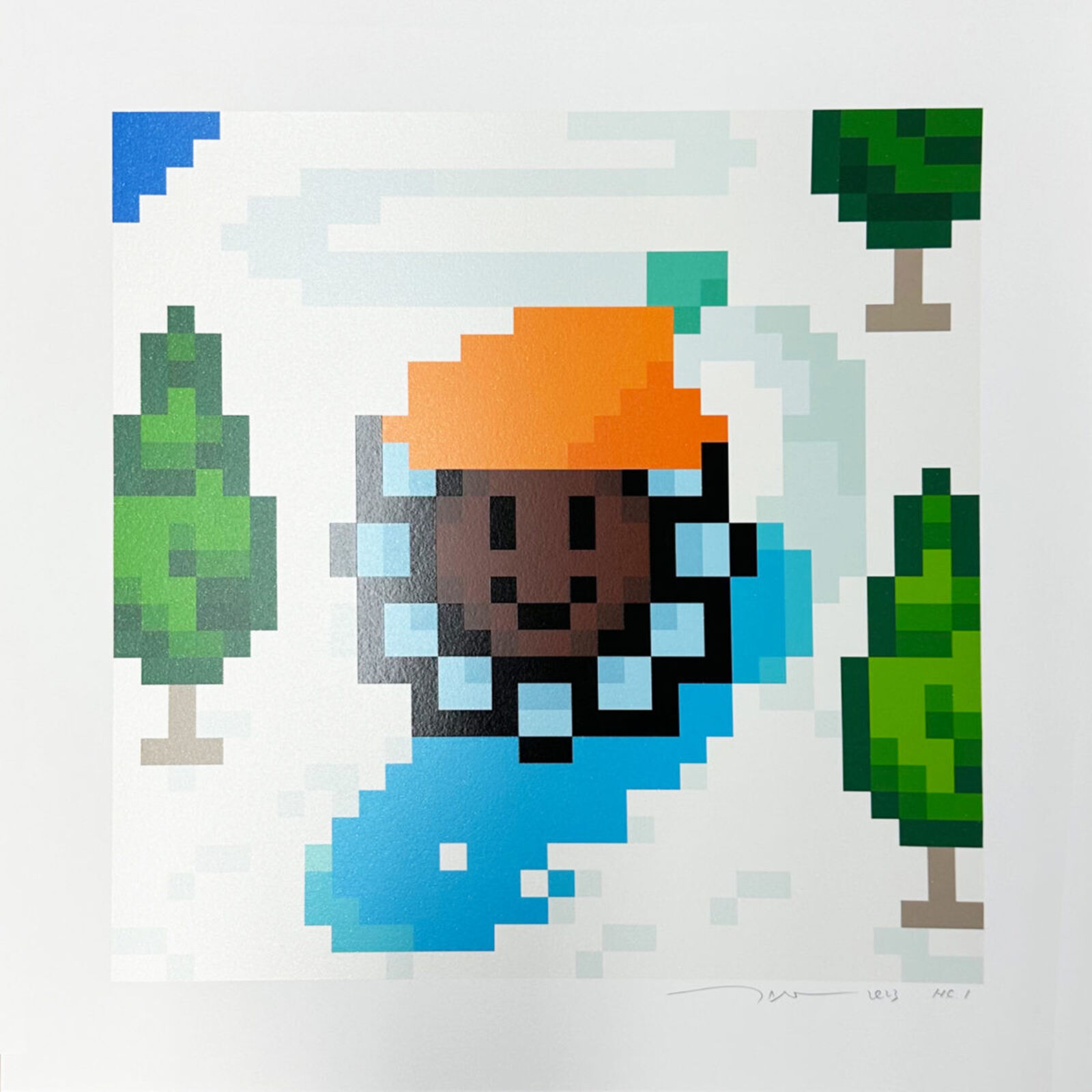 A pixel art of a man with an orange hat in the snow.