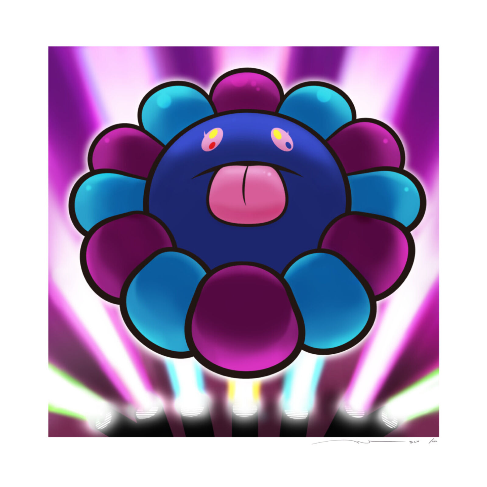 A blue and purple flower with a tongue sticking out.