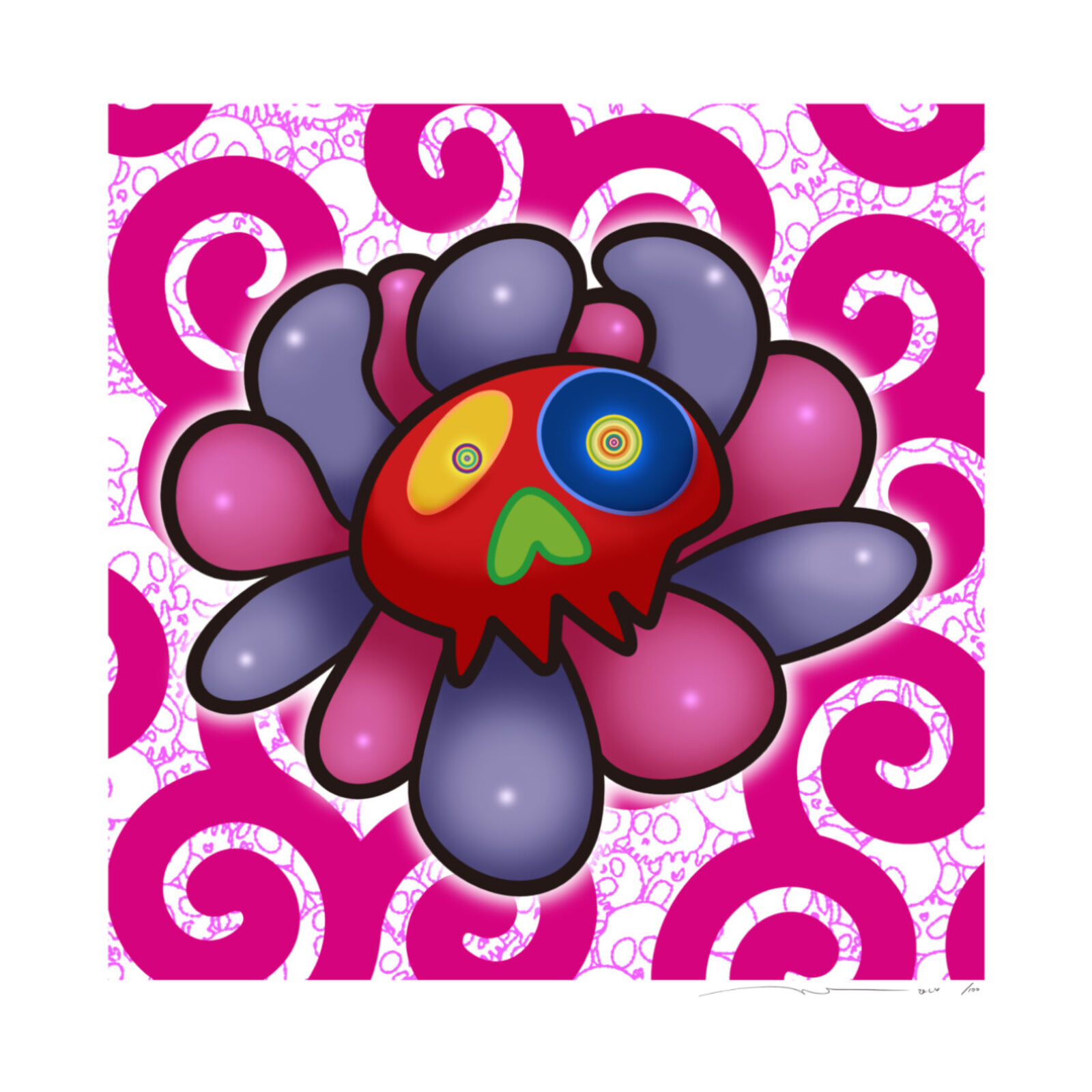 A colorful flower on a pink background with swirls.