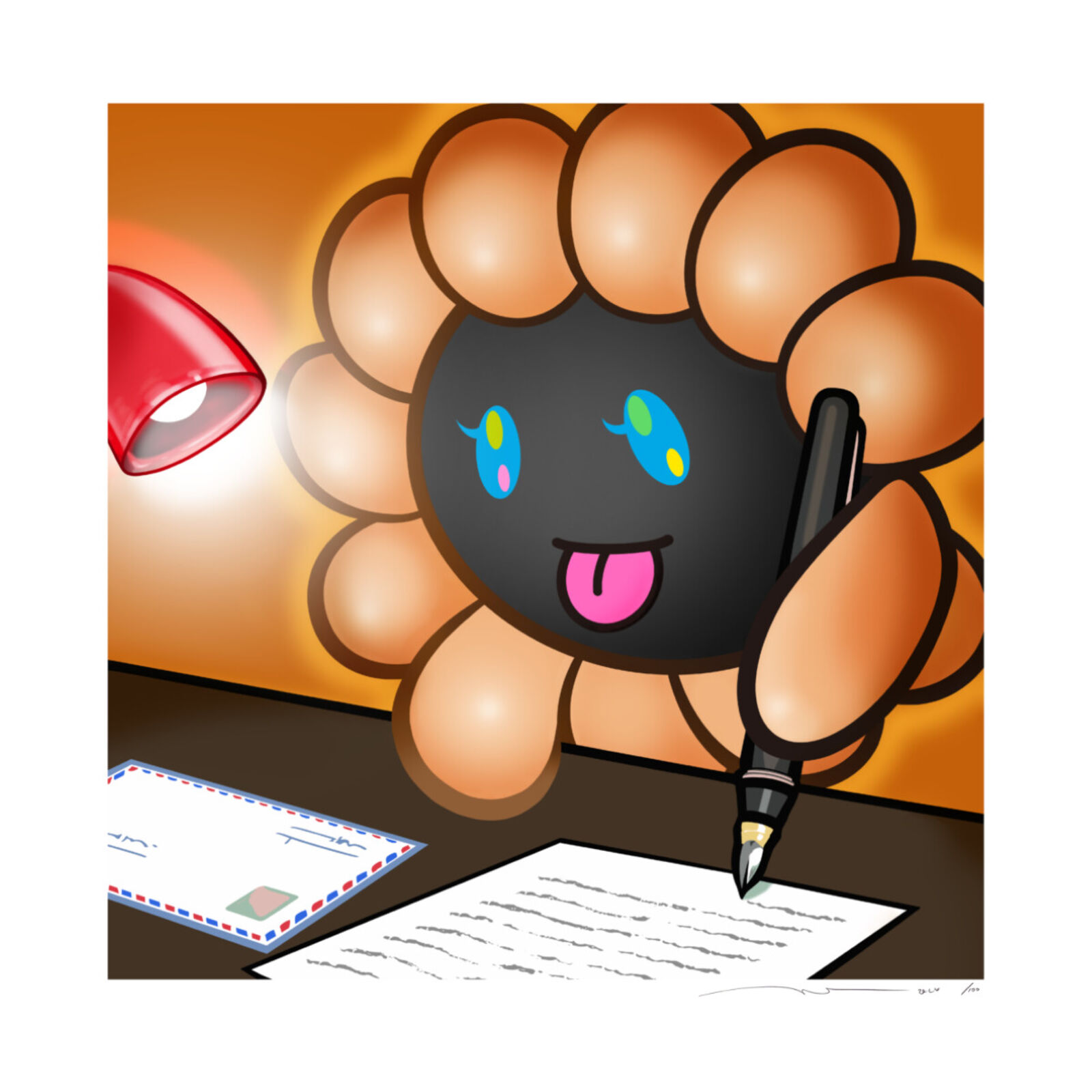 A cartoon character writing on a piece of paper with a pen.