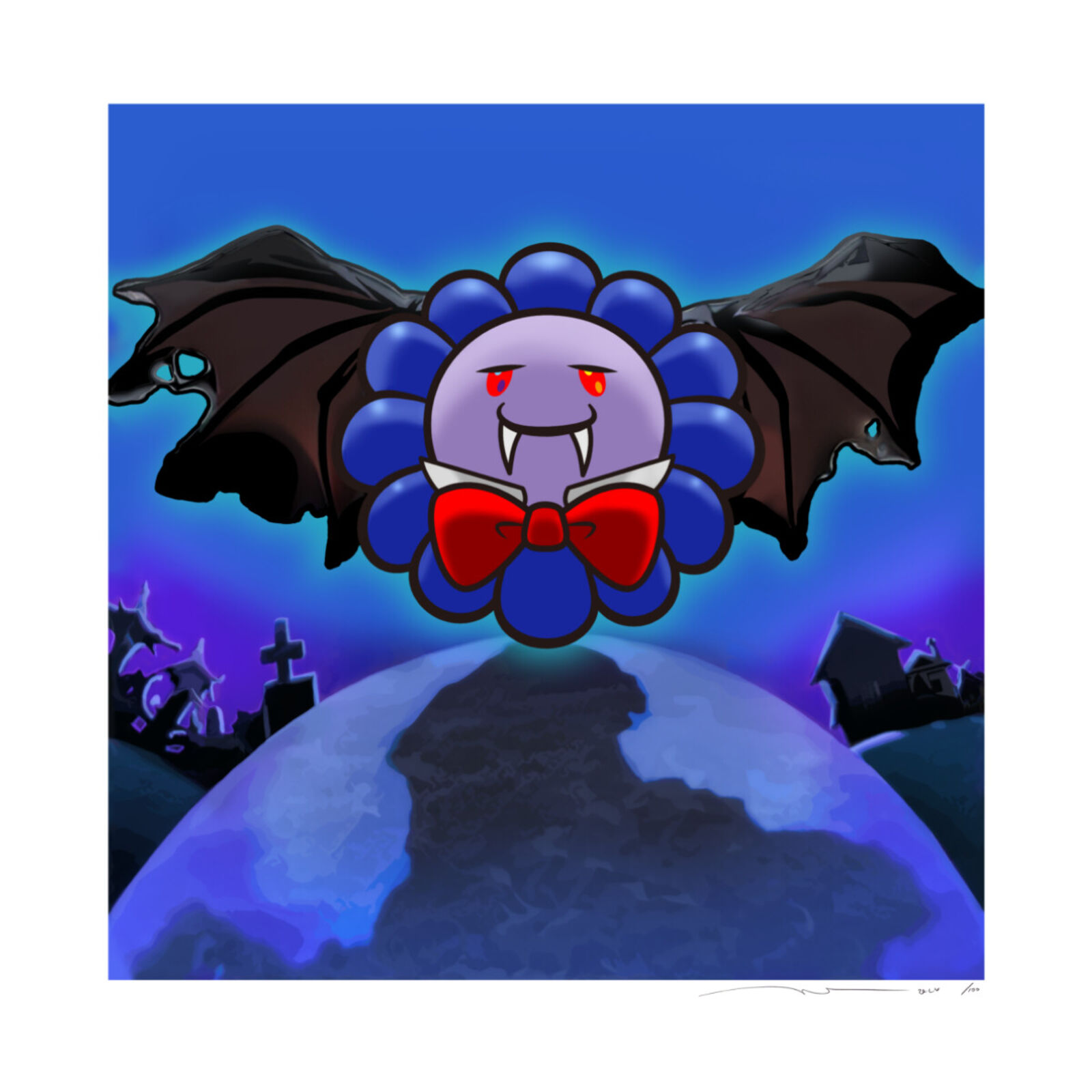 A drawing of a bat with a bow tie flying over a graveyard.