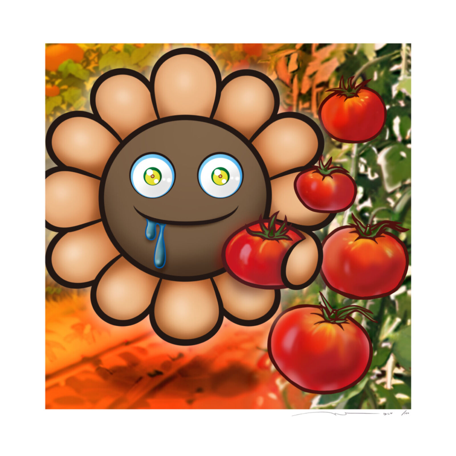A cartoon flower with a bunch of tomatoes in its hand.