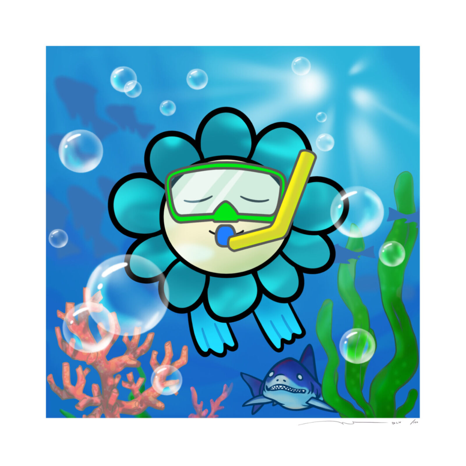 A cartoon flower with a snorkeling mask and snorkel in the ocean.