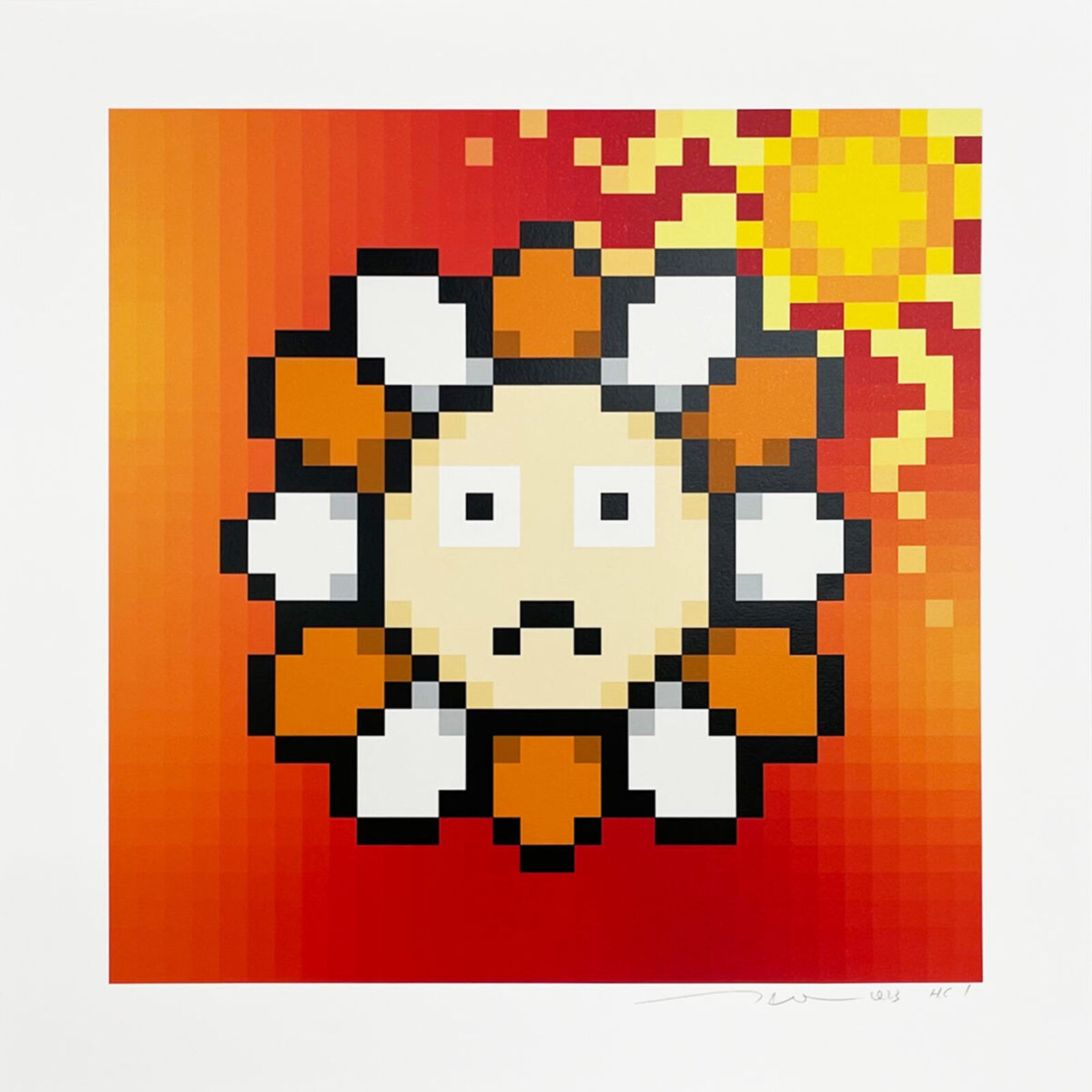 A pixel art of a lion with a fire in its mouth.