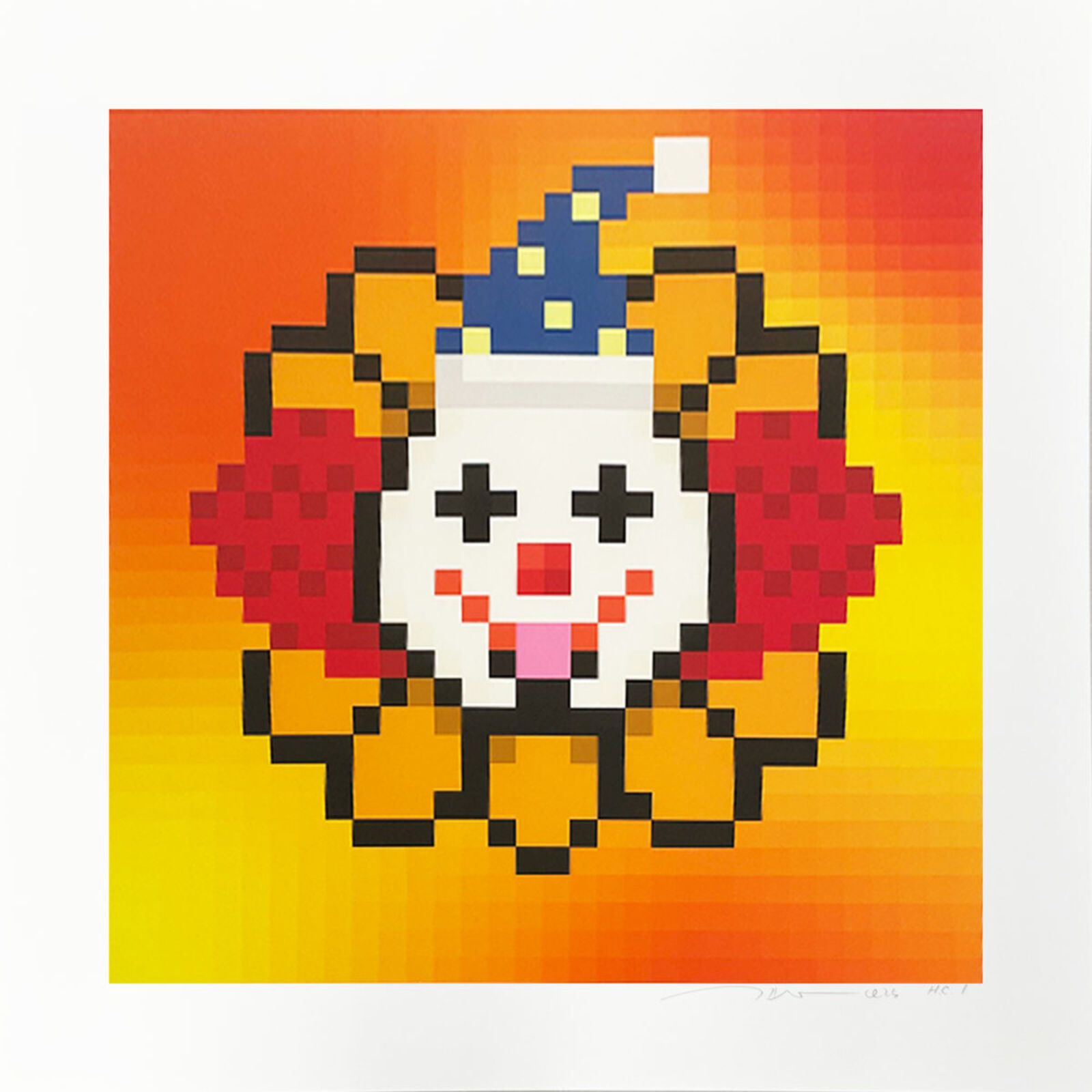 A pixel art of a clown wearing a hat.