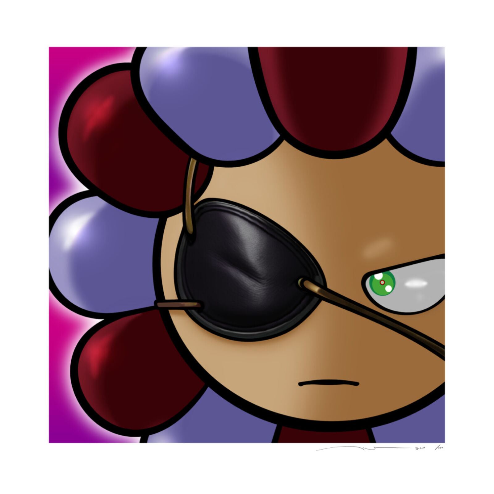 A cartoon of a clown with a pirate eye patch on his eye.