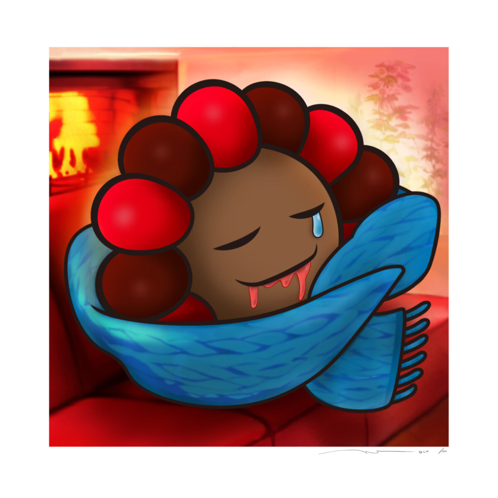 A drawing of a person holding a bowl of cherries.