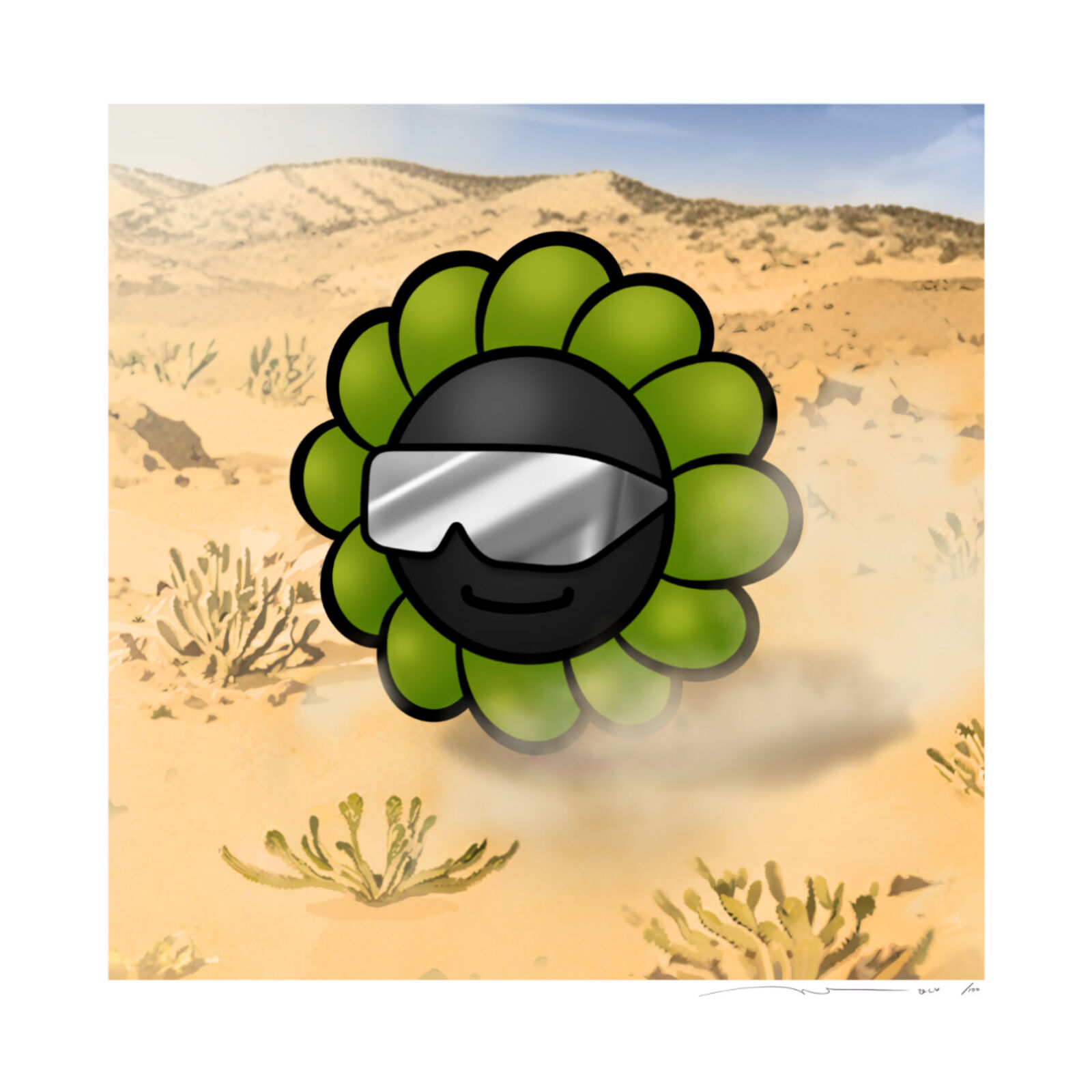 A drawing of a helmet in the middle of a desert.