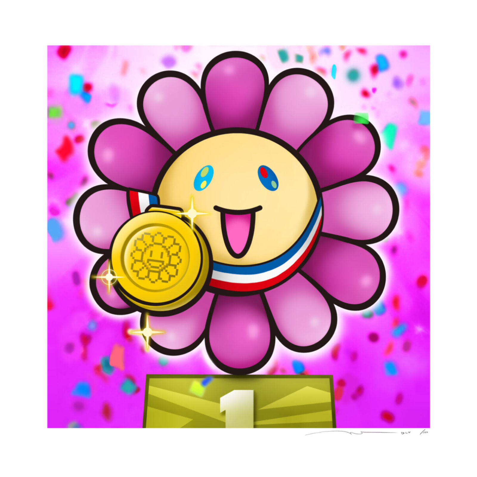 A flower with a gold medal on top of it.
